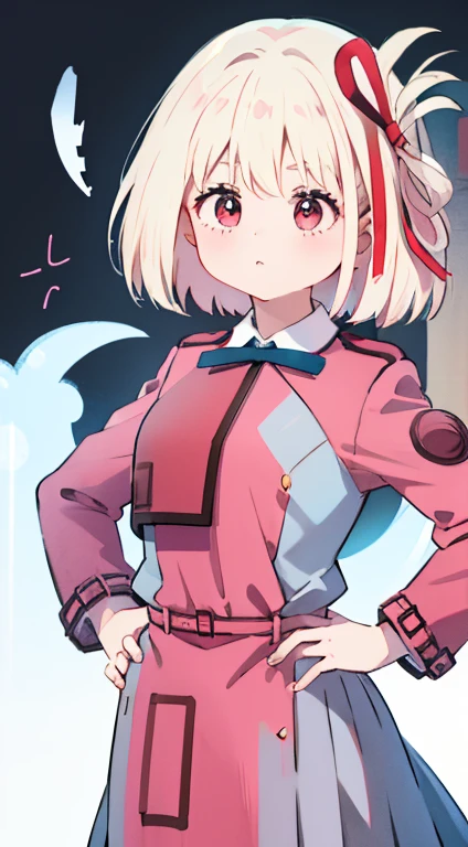 Little、Pink military uniform、Skirt、ribbon、A calm face、happen、Droopy eyes、Put your hands on your hips、masterpiece、Best image quality、highest quality、cute