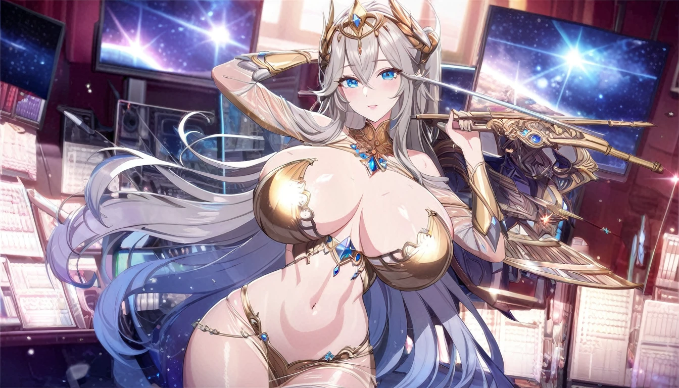 Woman in a golden transparent dress,View Viewer,(((Huge breasts, University of Kili))),Slim waist,(Navel exposed,Bare waist), long hair, extreme detailed details,High-end real station, Heavy rain scene, Detailed fantasy art, Stunning character art, Beautiful and exquisite character art, Beautiful gold and silver armor, Very detailed, girl in shining armor, Exquisite headpieces and jewellery,crystal jewelry filigree, Galaxy, Stunning visuals, (Dynamic Stripes, light track:1.2), Vibrant colors,