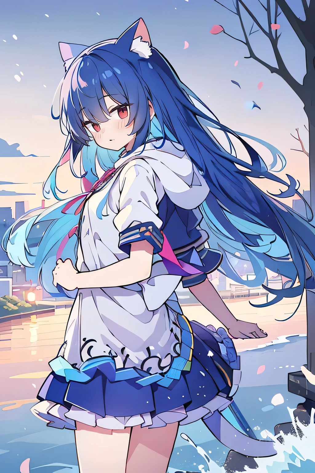 （masterpiece：1.2），Super detailed，lifelike，Expressive eyes，fair skin，perfect face shape，1 girl，
Japanese comics,Gorgeous blue hair,flowing blue hair,flowing clothes,Cat ears,Petals fall,beautiful lola,Baby Angel,sunrise,
Shaking head with one hand，Cross your legs，Gentle and peaceful background，The pavilion is cool and comfortable,smile, wearing hoodie, background of tokyo,back views,snowing, winter，seaside，wet clothes，A smile，A faint smile，。