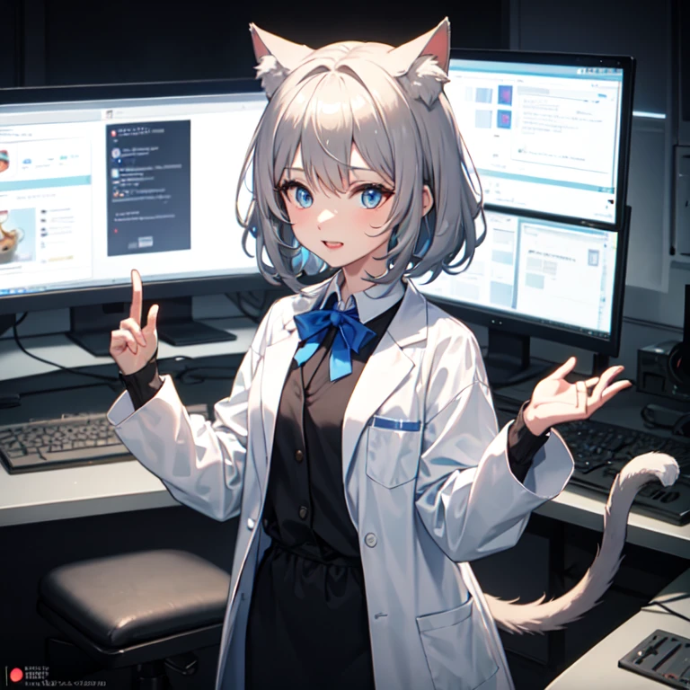 ((best quality)), ((masterpiece)), (detailed), a cute girl with cat ears, silver hair with blue eyes, ears and tail tips glow neon blue, adorable and charming expression, wearing a small lab coat, “D” logo visible on the lab coat, a blue ribbon around her neck, tail tip with a digital interface that can project information, from a virtual AI lab, curious and kind personality, provides viewers with the latest AI technology information in an easy-to-understand manner, sometimes gets caught up in lab mishaps, set in an AI technology laboratory with various research equipment and monitors in the background, scenes include Labocat conducting experiments or projecting information, catchphrase: “Meow-stonishing! Labocat uncovers the secrets of AI!”