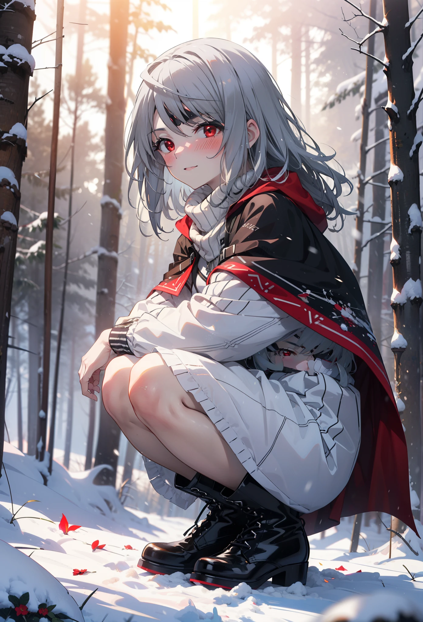 Laurabodewig, Laura Bodewig, Long Hair, (Red eyes:1.3), Grey Hair, Eye patch,smile,smile,blush,White Breath,
Open your mouth,snow,A bonfire on the ground,,Outdoor, boots, snowing, From the side, wood, suitcase, Cape, Blurred, , forest, White handbag, nature, Squat, Mouth closed, Cape, winter, Written boundary depth, Black shoes, red Cape break looking at viewer, Upper Body, whole body, break Outdoor, forest, nature, break (masterpiece:1.2), highest quality, High resolution, unity 8k wallpaper, (shape:0.8), (Beautiful and beautiful eyes:1.6), Highly detailed face, Perfect lighting, Highly detailed CG, (Perfect hands, Perfect Anatomy),