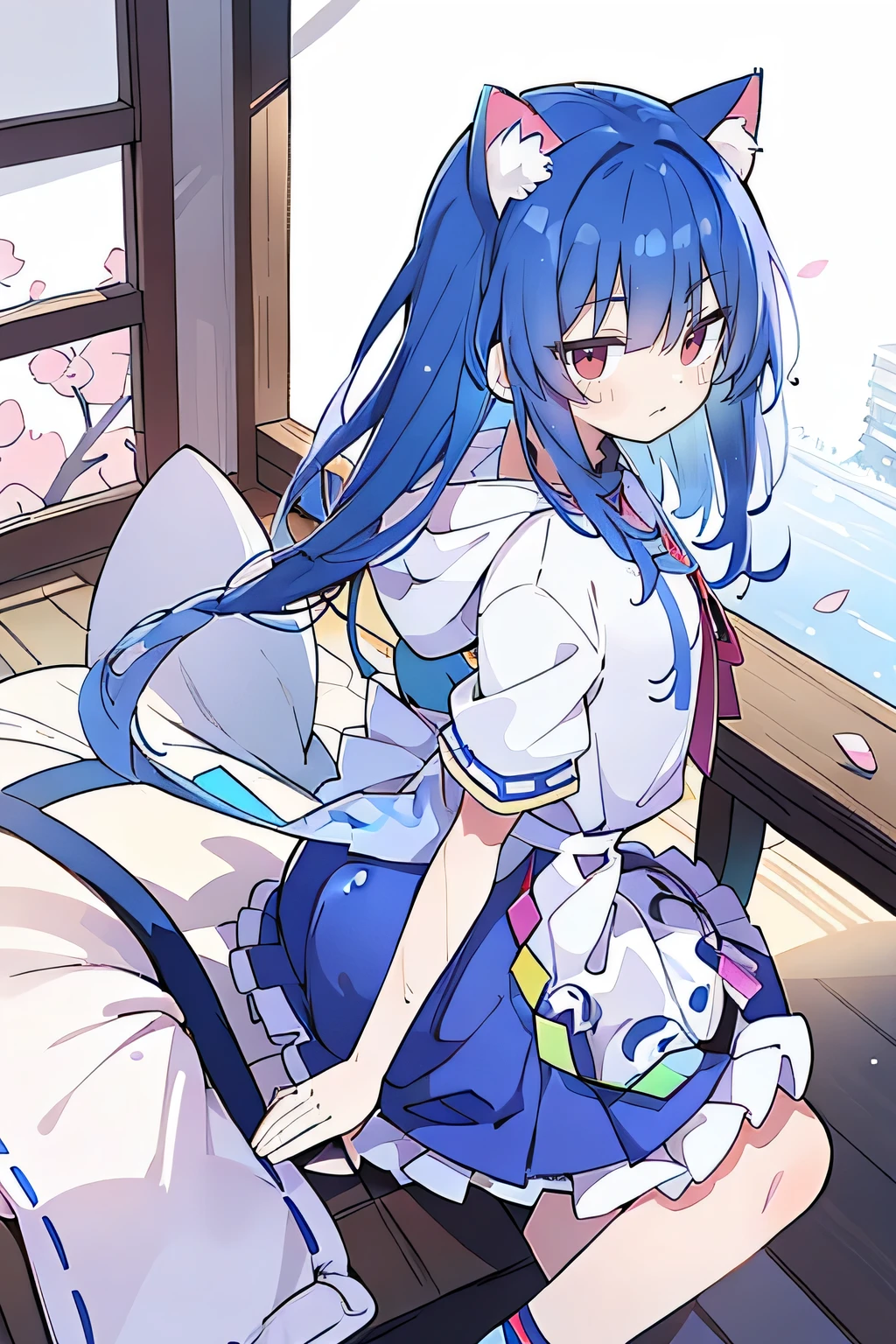 (masterpiece:1.2),Super detailed,lifelike,Expressive eyes,fair skin,perfect face shape,1 girl,
Japanese comics,Gorgeous blue hair,flowing blue hair,flowing clothes,Cat ears,Petals fall,beautiful lola,Baby Angel,sunrise,
Shaking head with one hand,Cross your legs,Gentle and peaceful background,The pavilion is cool and comfortable,smile, wearing hoodie, background of tokyo,back views,snowing, winter,seaside,wet clothes,A smile,A faint smile,。