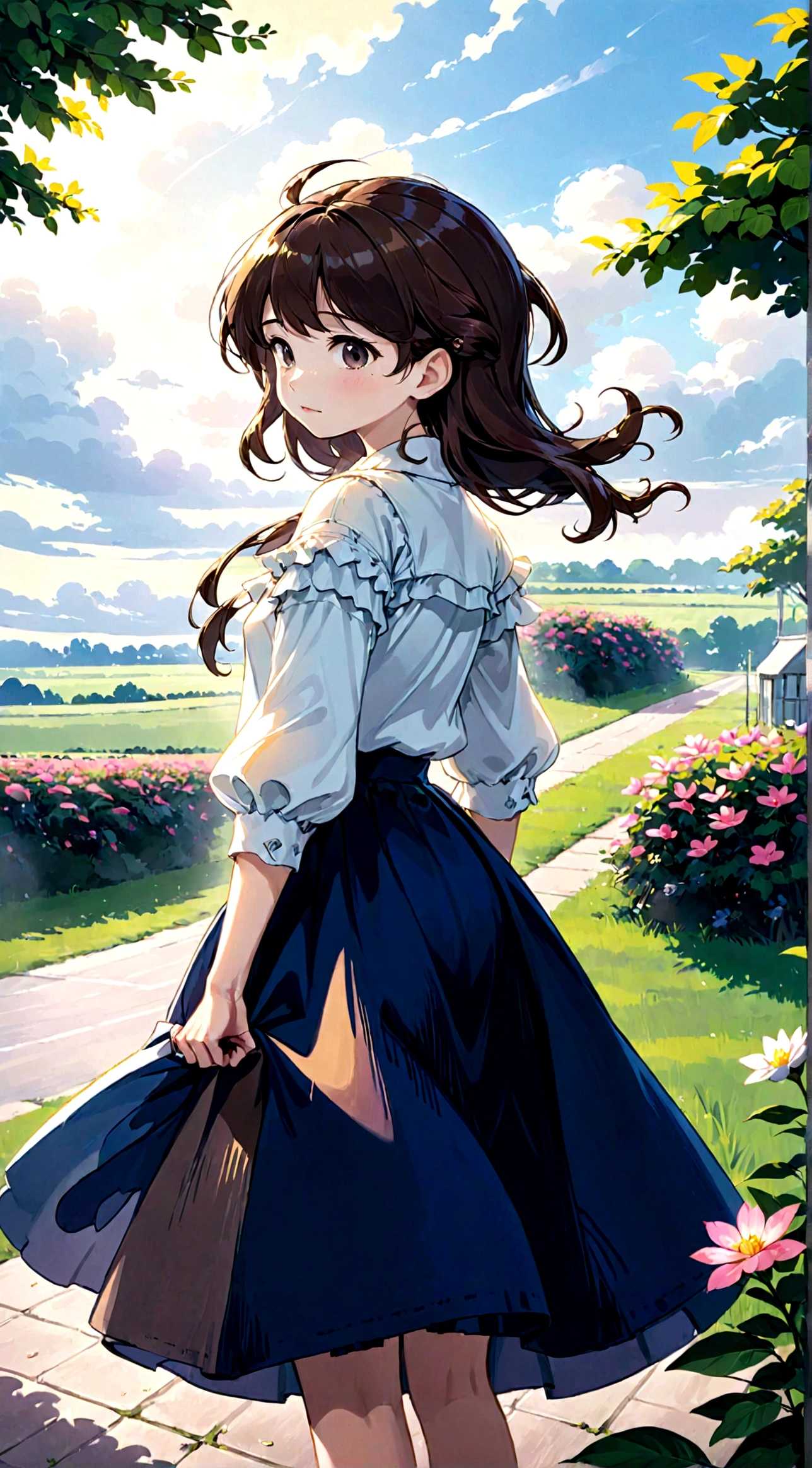 Low - Angle、Long skirt、強WindでHolding the flipping skirt with your hand、強WindでWhite cotton pantiesが見えている、:((Holding the flipping skirt with your hand))Low - Angle8Kで、highest quality、masterpiece、Ultra-detailed、Ultra-high resolution、Anime Style、1. High school girl、強Wind、((Holding the flipping skirt with your hand))、(impatient)White cotton panties:1.5), (Wind:1.25), (highest quality:1.0), (masterpiece:1.0), (Ultra-fine illustrations:1.0), ネイビーブルーのLong skirt、
、Lined、