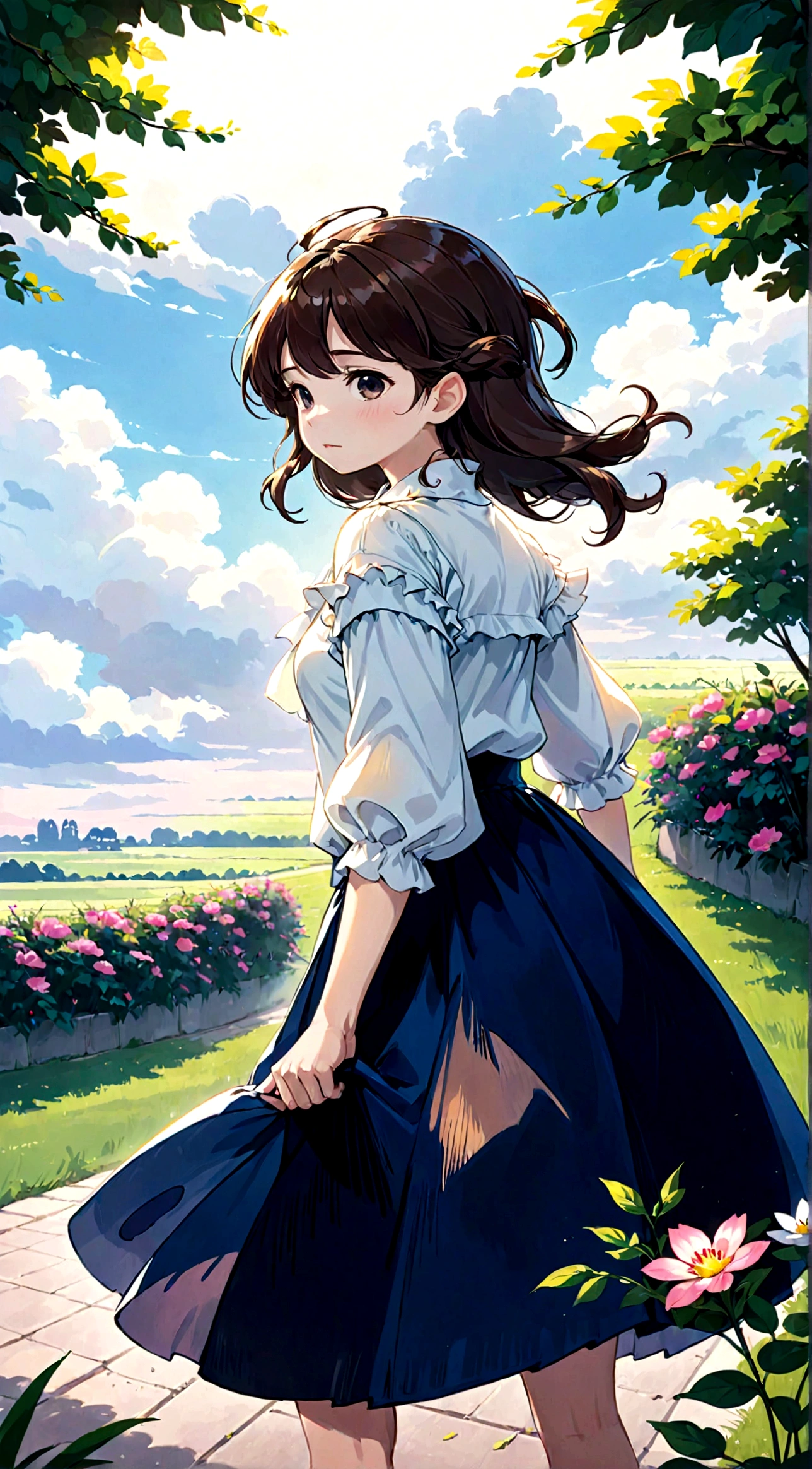 Low - Angle、Long skirt、強WindでHolding the flipping skirt with your hand、強WindでWhite cotton pantiesが見えている、:((Holding the flipping skirt with your hand))Low - Angle8Kで、highest quality、masterpiece、Ultra-detailed、Ultra-high resolution、Anime Style、1. High school girl、強Wind、((Holding the flipping skirt with your hand))、(impatient)White cotton panties:1.5), (Wind:1.25), (highest quality:1.0), (masterpiece:1.0), (Ultra-fine illustrations:1.0), ネイビーブルーのLong skirt、
、Lined、