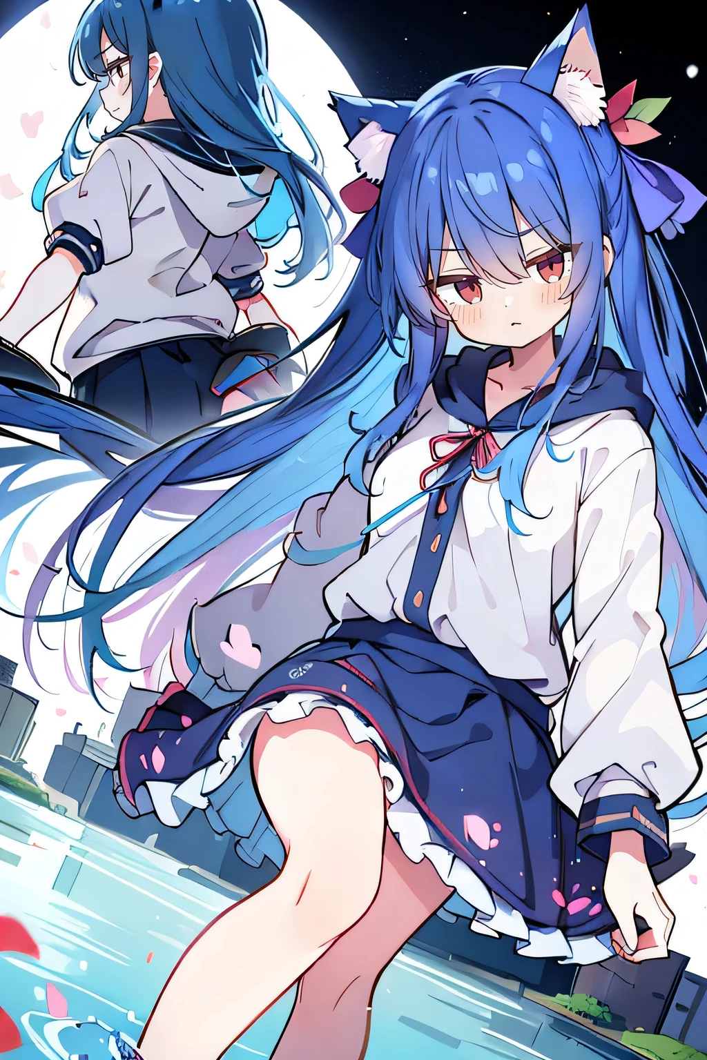 (masterpiece:1.2),Super detailed,lifelike,Expressive eyes,fair skin,perfect face shape,1 girl,
Japanese comics,Gorgeous blue hair,flowing blue hair,flowing clothes,Cat ears,Petals fall,beautiful lola,Baby Angel,sunrise,
Shaking head with one hand,Cross your legs,Gentle and peaceful background,The pavilion is cool and comfortable,smile, wearing hoodie, background of tokyo,back views,snowing, winter,seaside,wet clothes,A smile,A faint smile,。