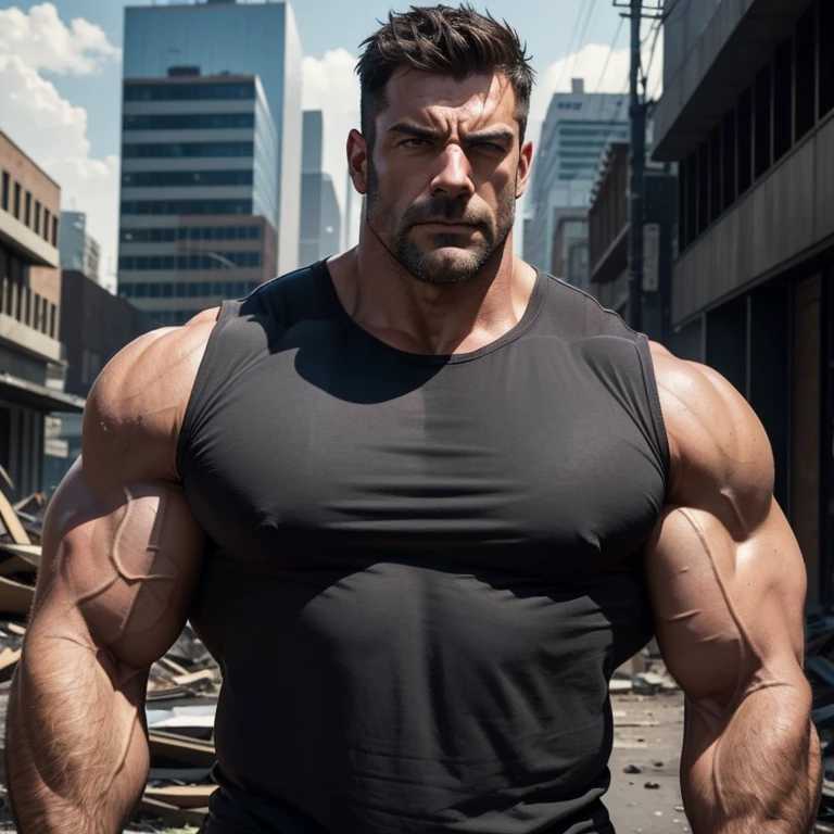 a very handsome, robust, serious, massively muscular adult man, with massively large muscles, with massively large and muscular arms and biceps, with a defined body, wearing a very dirty dark gray shirt, seen very close up in a destroyed city