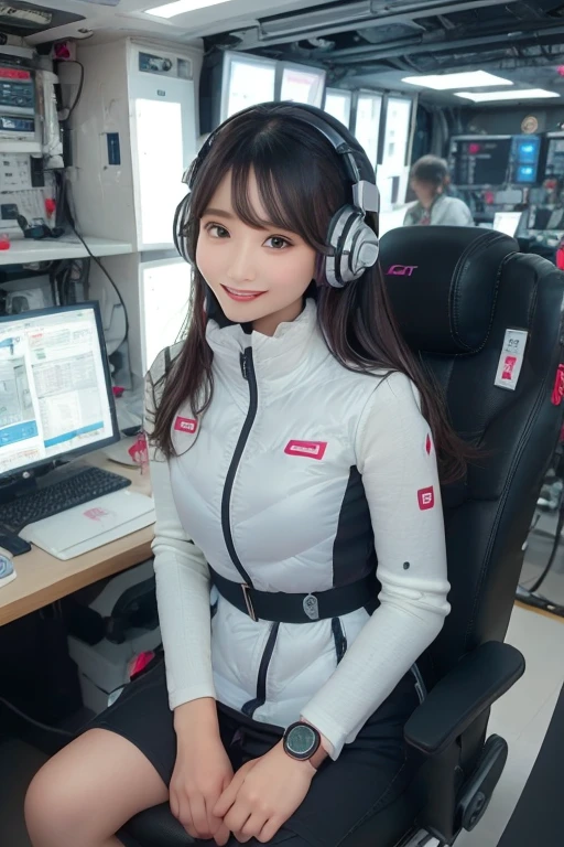 masterpiece, highest quality, Very detailed, 8K Portrait,Japanese Android Girl,plump , Control panel,Robotic arms and legs, Blunt bangs,,break (Metallic Gray, Metallic luster, Mirror finish, Astro Best):5,headphone:5,break (Black sleeves):100,Smart Watches,Futuristic space station,Control Room,break headphone,blue eyes,(Black Hair):2,(Long Hair):1.3,View the viewer,(respirator),break blush:3,Hidden Hand,smile