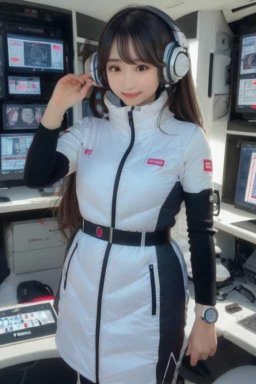 masterpiece, highest quality, Very detailed, 8K Portrait,Japanese Android Girl,plump , Control panel,Robotic arms and legs, Blunt bangs,,break (Metallic Gray, Metallic luster, Mirror finish, Astro Best):5,headphone:5,break (Black sleeves):100,Smart Watches,Futuristic space station,Control Room,break headphone,blue eyes,(Black Hair):2,(Long Hair):1.3,View the viewer,(respirator),break blush:3,Hidden Hand,smile