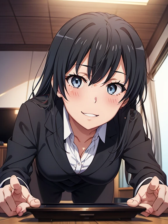 ((masutepiece, Best Quality, hight resolution, nffsw, Perfect Pixel, depth of fields, 4K, )), 1girl in, Solo, , Beautiful anime girl, Beautiful Art Style,
very low view angle:1.3, view from below:1.5, sky from below:1.5, living room background,
Perfect body, happy face:1.5 standing:1.4, office suit, black pantyhose:1.5,
yukinoshita yukino, large breasts,
Full face blush, red face,
straight on:1.3, medium shot