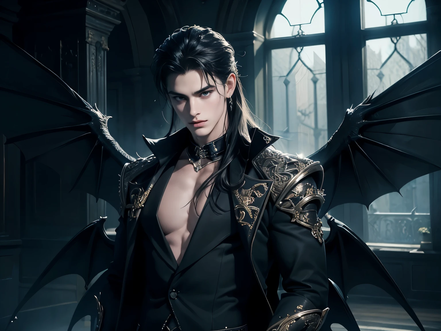 ((Best quality)), ((masterpiece)), 8k (detailed), ((perfect face)), perfect proporcions, he is a handsome demon, he is 18 years old, he has white skin, he has black demon wings, long black hair ((perfect face)) 