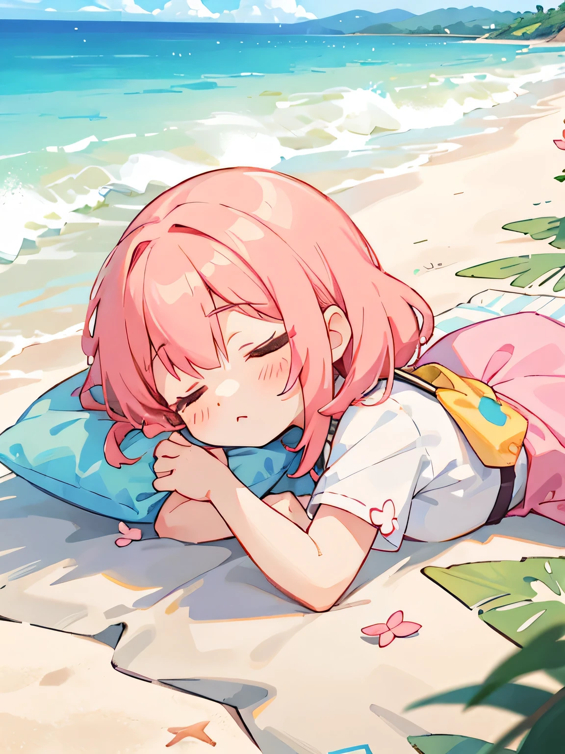 Momoko Sakura style, Kawaii Design, The most beautiful girl of all time、Chibi, nap on the beach、Midsummer Beach