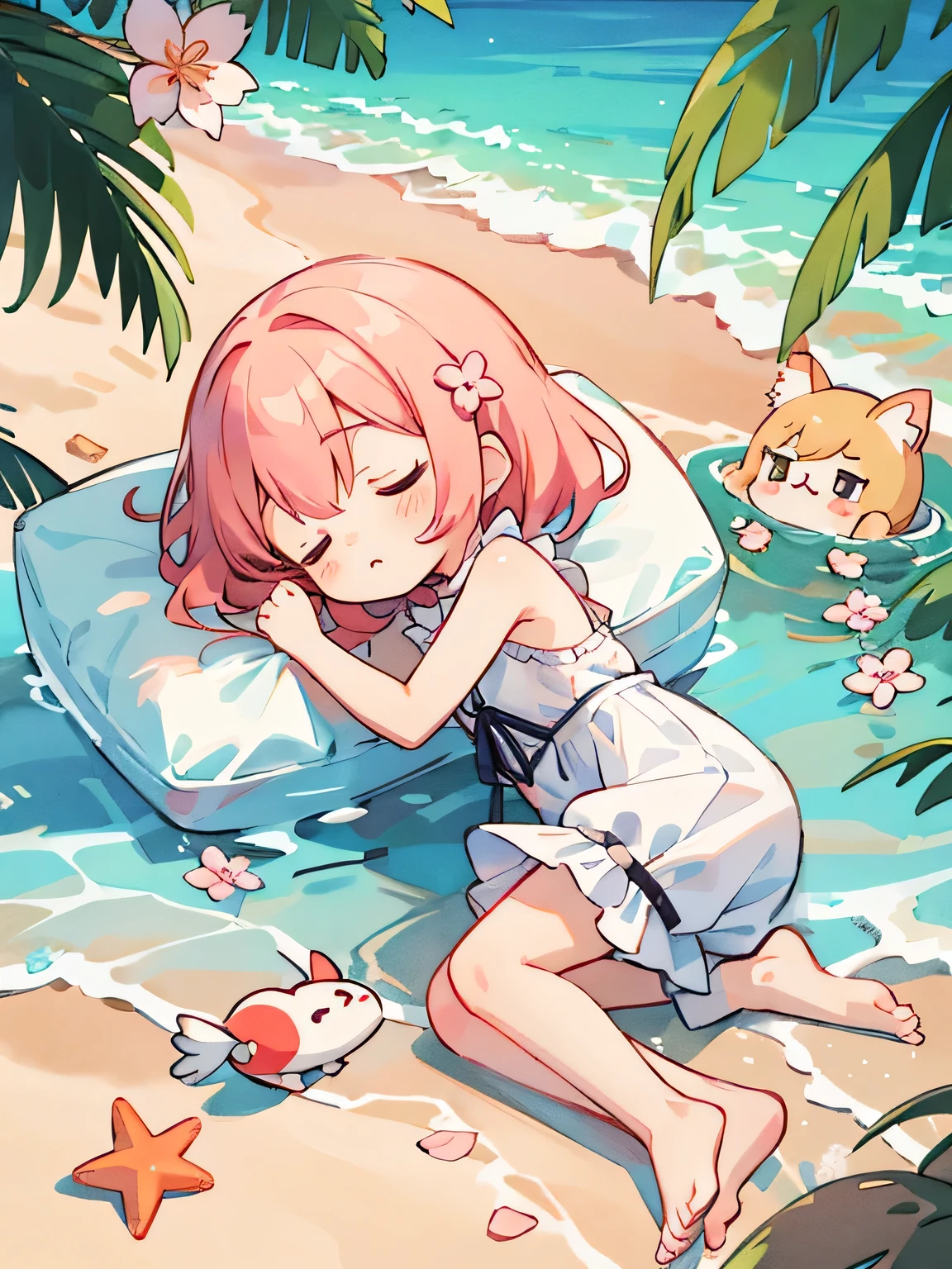 Momoko Sakura style, Kawaii Design, The most beautiful girl of all time、Chibi, nap on the beach、Midsummer Beach