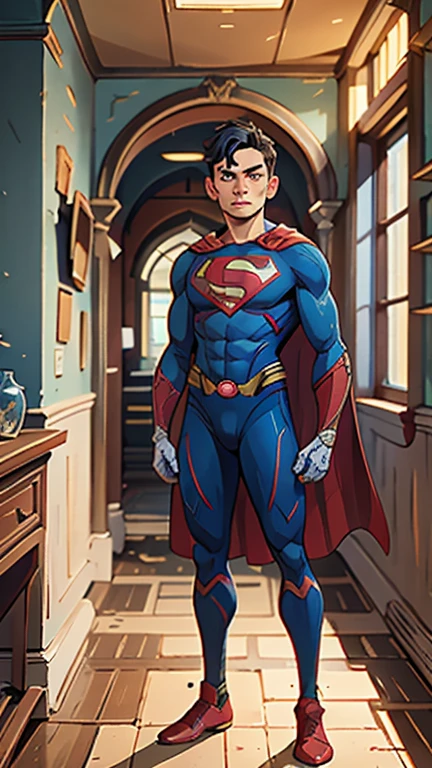 In the backdrop of an ancient fantasy-reality setting, a youth sporting a platinum crew cut displays a piercing gaze and confident demeanor. Adorned in a superhero outfit, seamlessly blending Western and Eastern influences, he wears Superman costume and it echo through the corridors of an antiquated architectural landscape. The overall aesthetic captures the essence of a refined and mature anime-inspired rogue, symmetrical face, extremely detailed eyes and face, high quality eyes, high definition, highres, ultra-fine painting, exquisite and mature, extremely delicate, professional, anatomically correct, creativity, UHD, HDR, 32k, Natural light, cinematic lighting, best shadow, masterpiece-anatomy-perfect, best quality, masterpiece, ultra-detailed