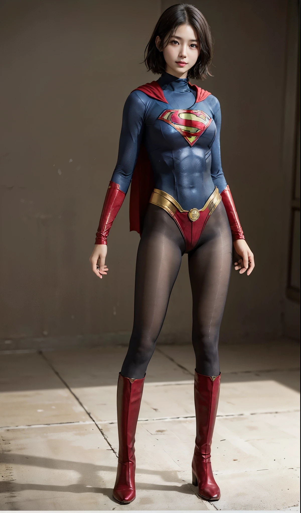 No background、(((Beautiful legs in black tights.)))、(((Legally express the beauty of your smile)))、((((Make the most of your original images)))、(((Supergirl Costume)))、(((Beautiful very short hair)))、(((suffering)))、(((Please wear black tights....、Wear red boots)))、((Best image quality、8k))、((highest quality、8k、masterpiece:1.3))、(((Preserve background )))、Sharp focus:1.2、Beautiful woman with perfect figure:1.4、Slim Abs:1.2、Wet body:1.5、Highly detailed face and skin texture、8k