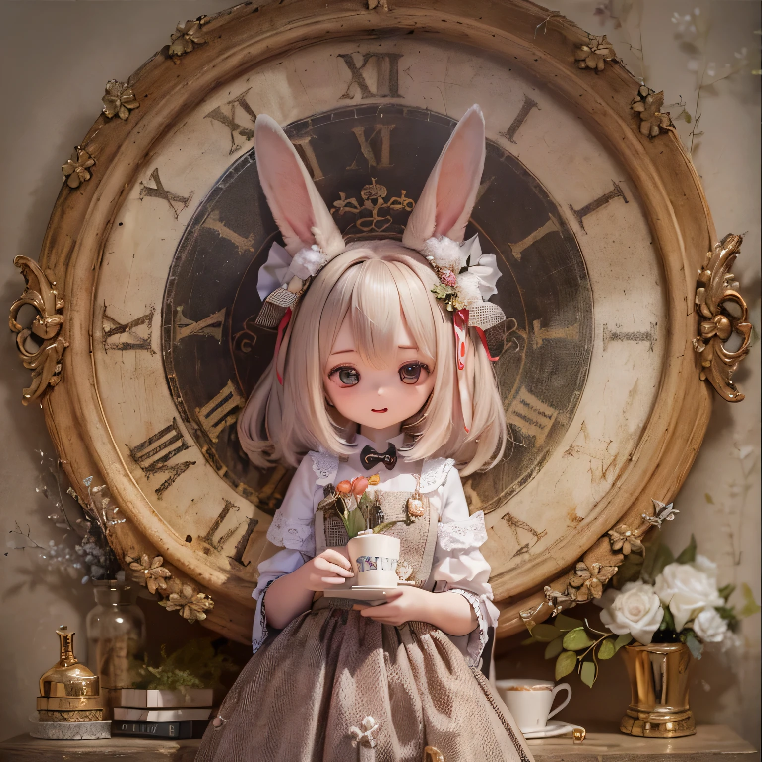 
The rabbit girl is holding a big clock with Alice_Wonderland