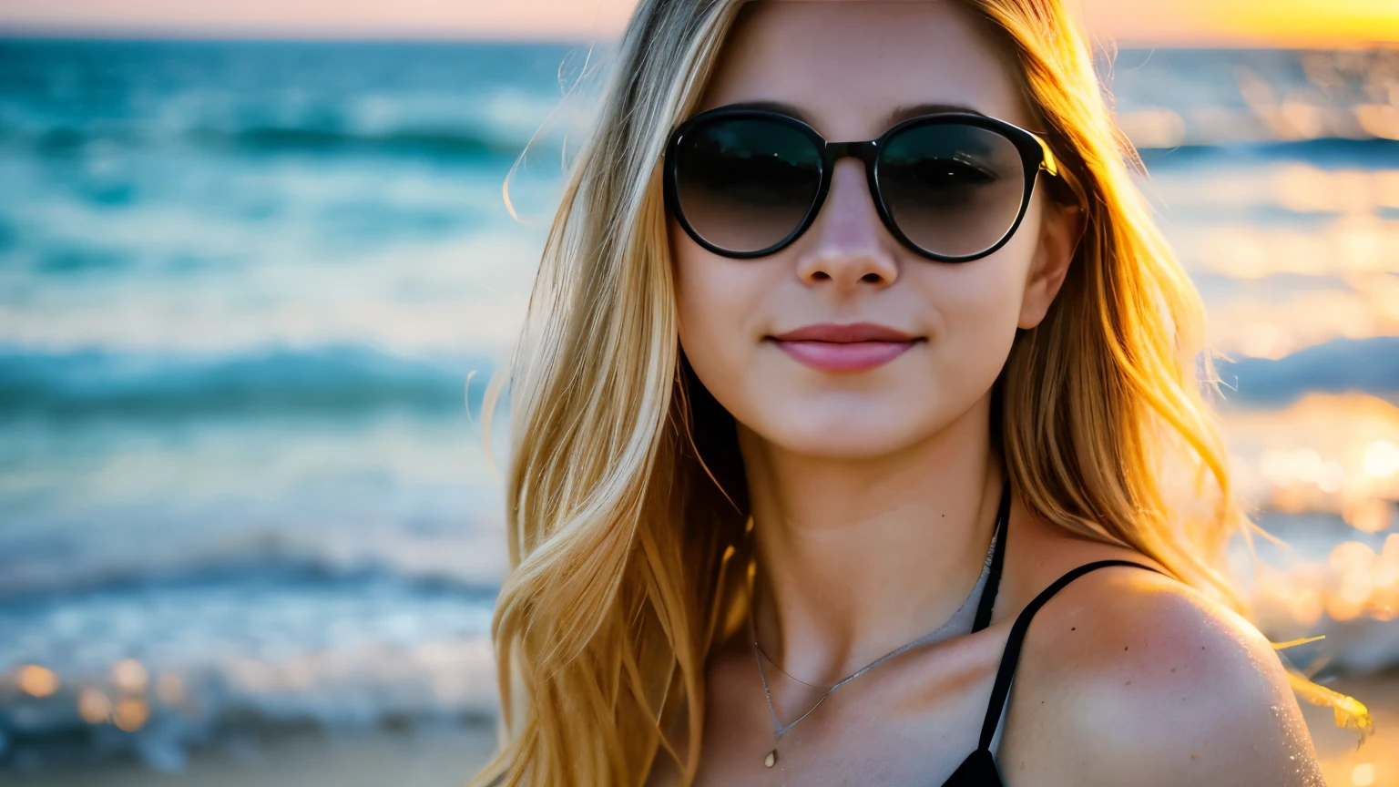 Beautiful blonde in a black bikini (Holding sunglasses at the beach at sunset),Looking into the distance,Very detailed, 21 years old, Innocent face, Naturally Wavy Hair, blue eyes, High resolution, masterpiece, highest quality, Intricate details, Very detailed, Clear focus, Delicate skin, practical skin texture, texture, Delicate eyes, Professional, 4K, Cute Smile, Shot with Canon, 85mm, Shallow and deep, Kodak Vision Color, Exactly, Very detailed, photograph_\(Extremist\), photographpractical, practical, Post-processing, Maximum details, Roughness, Real Life, Extremist practical, Photorealism, photographgraphy, 8K Ultra HD, photographgraphy