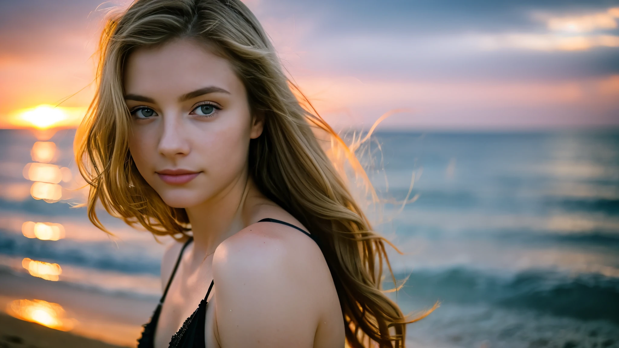 Beautiful blonde in a black bikini (Looking into the distance at the beach at sunset),Looking into the distance,Very detailed, 21 years old, Innocent face, Naturally Wavy Hair, blue eyes, High resolution, masterpiece, highest quality, Intricate details, Very detailed, Clear focus, Delicate skin, practical skin texture, texture, Delicate eyes, Professional, 4K, Cute Smile, Shot with Canon, 85mm, Shallow and deep, Kodak Vision Color, Exactly, Very detailed, photograph_\(Extremist\), photographpractical, practical, Post-processing, Maximum details, Roughness, Real Life, Extremist practical, Photorealism, photographgraphy, 8K Ultra HD, photographgraphy