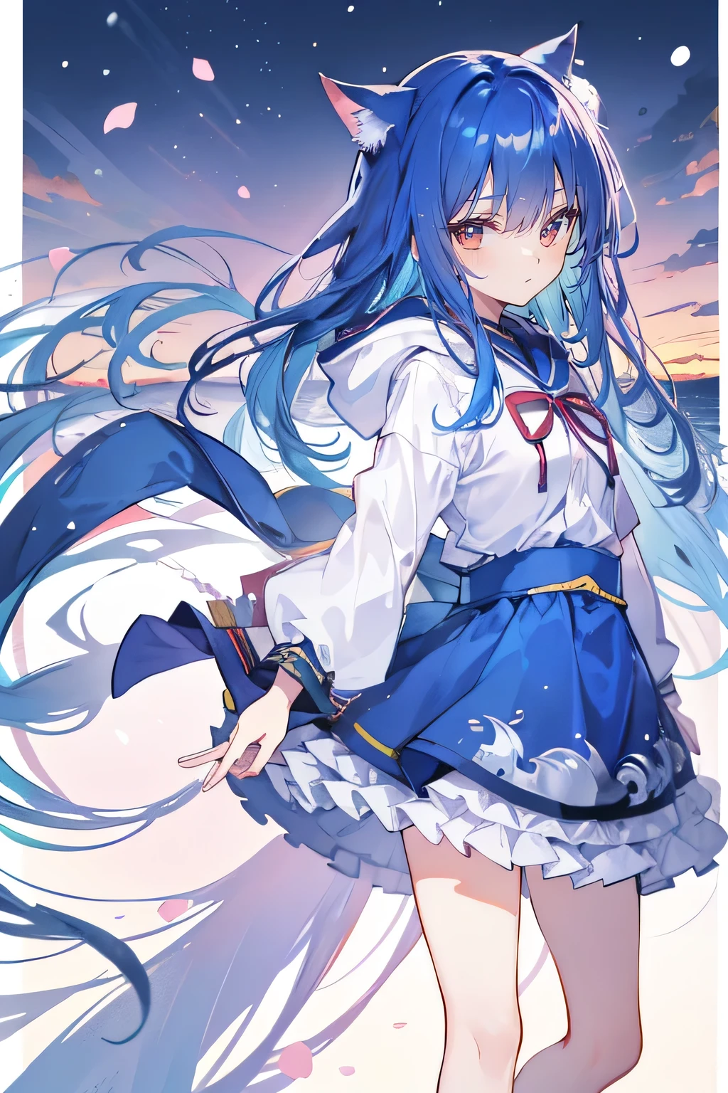 (masterpiece:1.2),Super detailed,lifelike,Expressive eyes,fair skin,perfect face shape,1 girl,
Japanese comics,Gorgeous blue hair,flowing blue hair,flowing clothes,Cat ears,Petals fall,beautiful lola,Baby Angel,sunrise,
Shaking head with one hand,Cross your legs,Gentle and peaceful background,The pavilion is cool and comfortable,smile, wearing hoodie, background of tokyo,back views,snowing, winter,seaside,wet clothes,A smile,A faint smile,。
