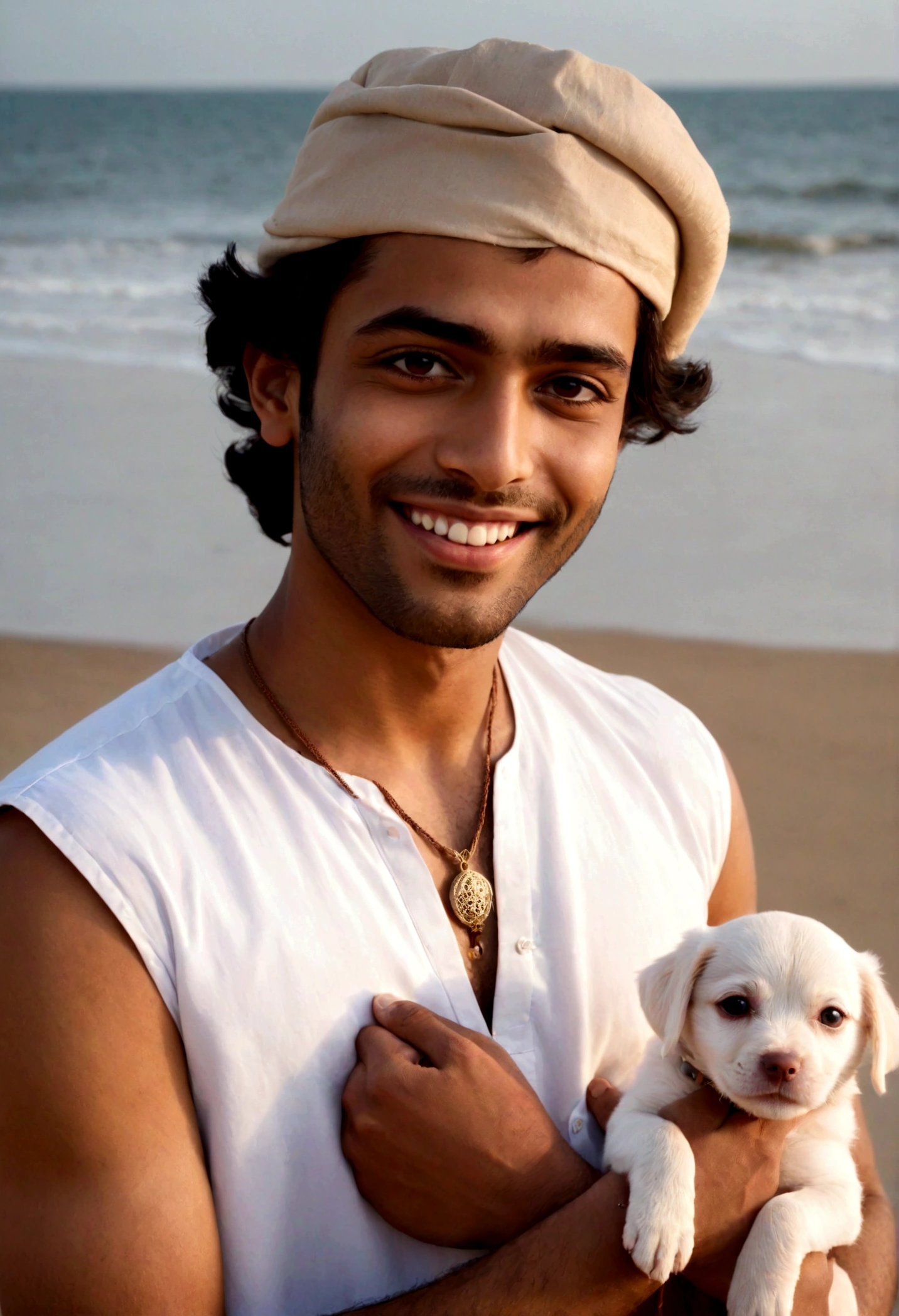 Create a (close_up) portrait image of face of Faiz_the_Eco-Magician standing at the beach with two white puppies, Faiz is deeply rooted in Lahore's rich environmental and historical heritage. They have a warm, dark-brown skin tone that reflects their Balochi heritage. Their face is round with a big smile, a friendly and inviting expression, large almond-shaped brown eyes that sparkle_with_curiosity_and_kindness, and bushy eyebrows. Faiz's hair is black, cropped very close to skin, with a braid playfully falling across their left shoulder They stand at approximately 5 feet 8 inches tall, with a slightly obese physique, embodying a healthy and approachable presence. Faiz is dressed in traditional Pakistani attire a white dhoti and beige khaddar kurta with an earth theme pendant and bangle. They wear a rust wornout khussa. In one hand, Faiz holds small paper flower.