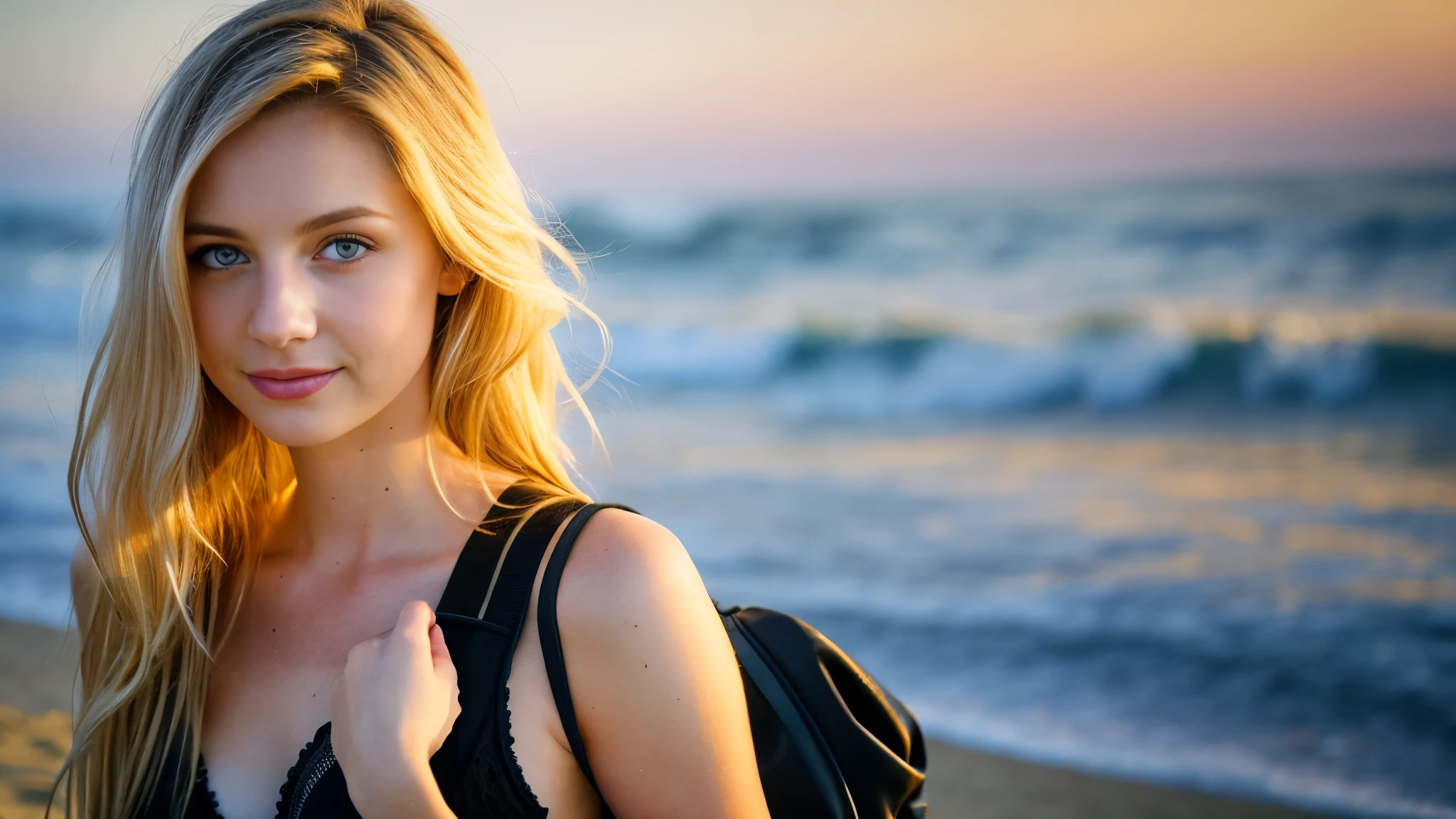Beautiful blonde in a black bikini (Carrying a bag on the beach at sunset),Looking into the distance,Very detailed, 21 years old, Innocent face, Naturally Wavy Hair, blue eyes, High resolution, masterpiece, highest quality, Intricate details, Very detailed, Clear focus, Delicate skin, practical skin texture, texture, Delicate eyes, Professional, 4K, Cute Smile, Shot with Canon, 85mm, Shallow and deep, Kodak Vision Color, Exactly, Very detailed, photograph_\(Extremist\), photographpractical, practical, Post-processing, Maximum details, Roughness, Real Life, Extremist practical, Photorealism, photographgraphy, 8K Ultra HD, photographgraphy