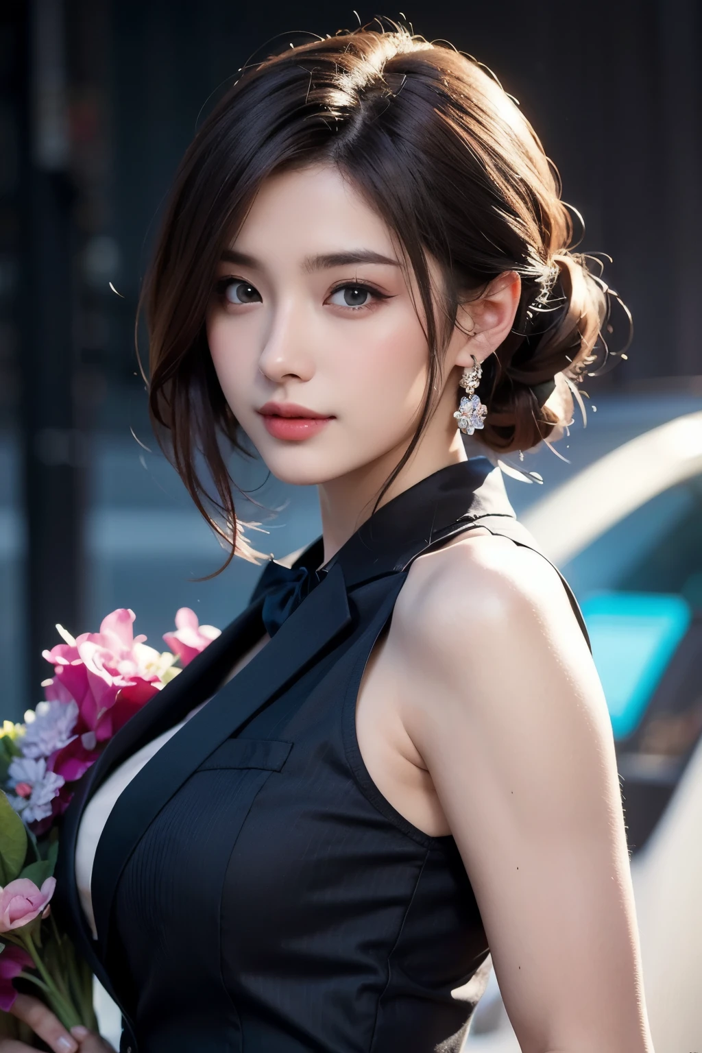 Top quality, 8K, masterpiece, single girl, slim abs beauty, casual hairstyle, big breasts, black suit, business suit, gentleman's clothing, black tie, holding purple bouquet, highly detailed face, delicate eyes, double eyelids, shy, dynamic pose, thighs, smiling anime girl, grey brown hair and blue eyes, Zaat Krenz feminization key art, beautiful woman portrait, detailed digital anime art, high detailed official artwork, detailed anime art, female anime hero portrait,