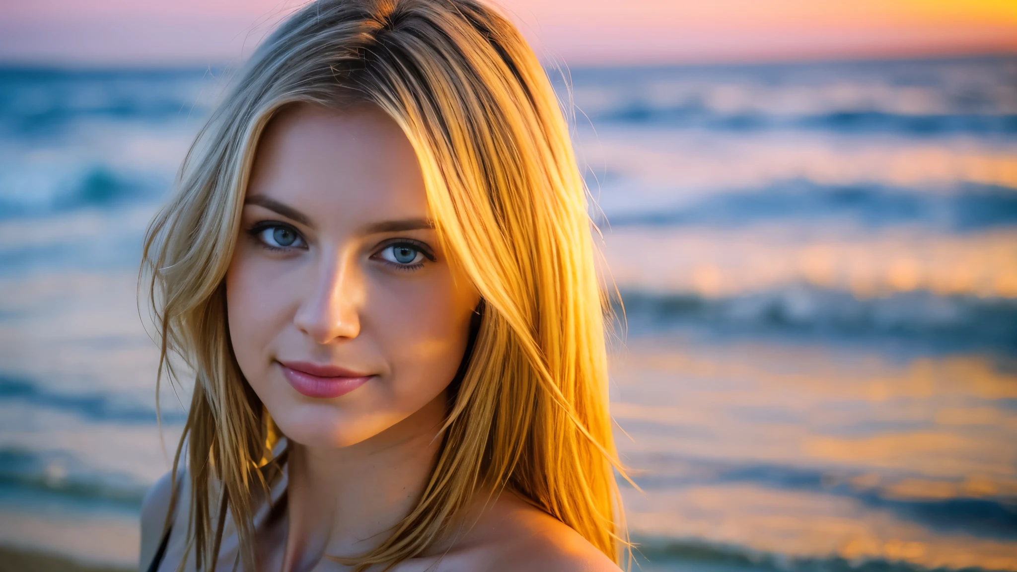 Beautiful blonde in a black bikini (Looking into the distance at the beach at sunset),Looking into the distance,Very detailed, 21 years old, Innocent face, Naturally Wavy Hair, blue eyes, High resolution, masterpiece, highest quality, Intricate details, Very detailed, Clear focus, Delicate skin, practical skin texture, texture, Delicate eyes, Professional, 4K, Cute Smile, Shot with Canon, 85mm, Shallow and deep, Kodak Vision Color, Exactly, Very detailed, photograph_\(Extremist\), photographpractical, practical, Post-processing, Maximum details, Roughness, Real Life, Extremist practical, Photorealism, photographgraphy, 8K Ultra HD, photographgraphy