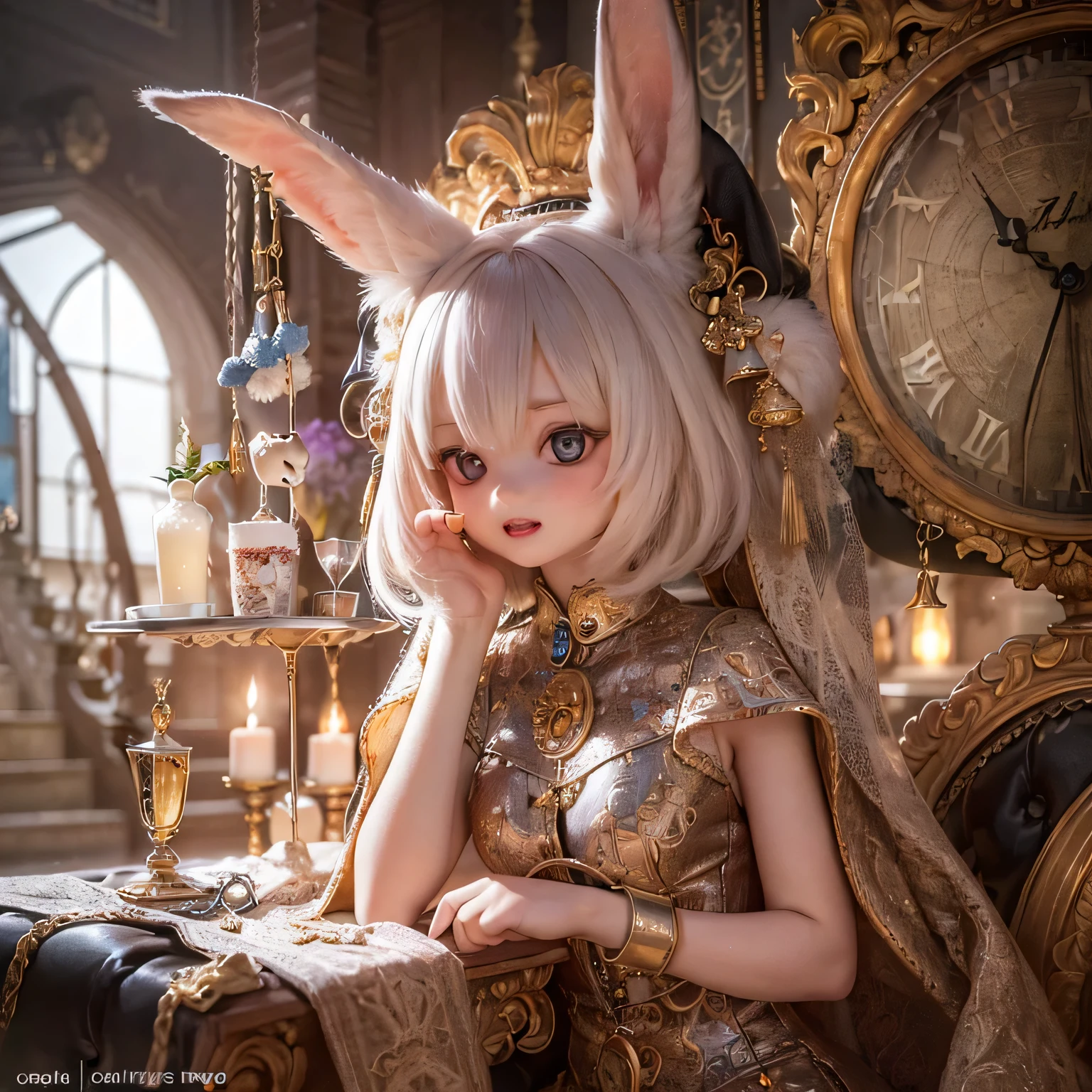 beautiful girl rabbit,1girl,rabbit ears,holding giant clock,wonderland,fantasy,detailed face,detailed eyes,detailed lips,extremely detailed,intricate details,cinematic lighting,dramatic lighting,warm colors,vibrant colors,photorealistic,highres,best quality,8k,masterpiece,digital painting,concept art,whimsical