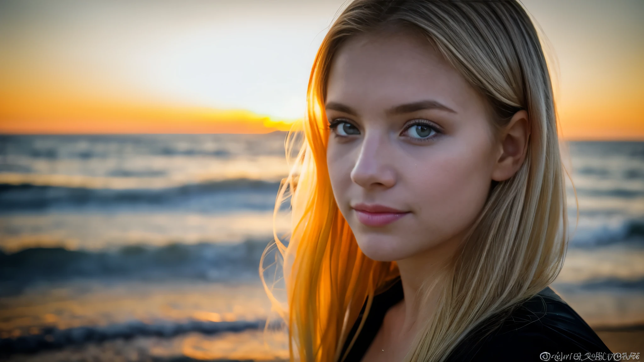 Beautiful blonde in a black bikini (Looking into the distance at the beach at sunset),Looking into the distance,Very detailed, 21 years old, Innocent face, Naturally Wavy Hair, blue eyes, High resolution, masterpiece, highest quality, Intricate details, Very detailed, Clear focus, Delicate skin, practical skin texture, texture, Delicate eyes, Professional, 4K, Cute Smile, Shot with Canon, 85mm, Shallow and deep, Kodak Vision Color, Exactly, Very detailed, photograph_\(Extremist\), photographpractical, practical, Post-processing, Maximum details, Roughness, Real Life, Extremist practical, Photorealism, photographgraphy, 8K Ultra HD, photographgraphy