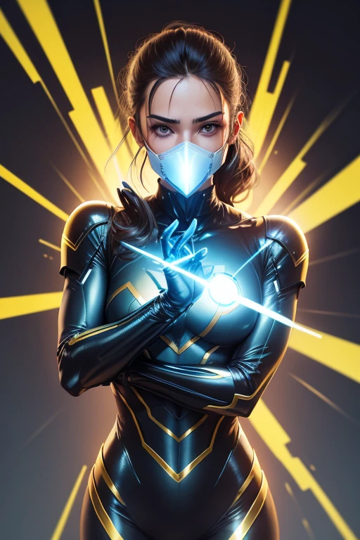 a superhero with shiny metallic uniform, prateado, reflecting the appearance of solid Fermium. O traje pode ter elementos de luz fluorescente para simbolizar a radioatividade. a technological mask that covers part of the face with details that resemble radiological protection equipment. o simbolo pode ser um atomo estilizado com o numero 100 no centro. desenho de corpo todo