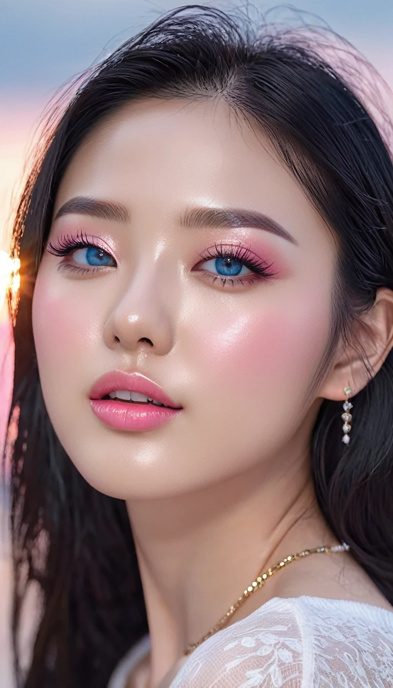 1 girl, Korean model, extremely beautiful, perfect body. 8K photo quality, lifelike, masterpiece. Glossy pink lips, pink eyeshadow, eyelashes, blush, cosmetics, bright white skin, detailed pores, shiny skin, shiny skin. Her hair is pink, long and smooth, blowing in the wind ((floating)) under the bright sunlight. Bright smile, pure white teeth and details. Seductive lips, glossy pink lips. Blue eyes, seductive, ((sharp makeup)), realistic, ((wet eyes)), detailed, pink eyeshadow. Two delicate eyelids, perfectly beautiful and detailed, black eyelashes. Eyebrows are curved, sparse, sharp and detailed. Beautiful and perfect face, holy, perfectly proportioned, beautiful in every detail, ((shiny)), high-end cosmetic makeup. High and detailed nose. Blush, prominent and detailed cheekbones. Hands are beautiful, perfect, ((no flaws)), no defects. Big and full breasts, prominent and detailed nipples, deep and firm cleavage, tight against the bra. Wear a three-hole shirt, jeans, necklace, earrings, bracelets. Photo of girl standing on the beach, sharp and highest contrast.