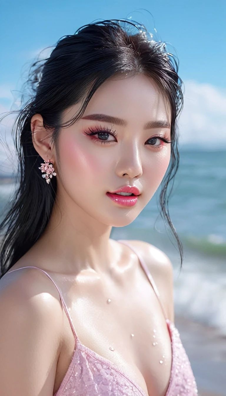 1 girl, Korean model, extremely beautiful, perfect body. 8K photo quality, lifelike, masterpiece. Glossy pink lips, pink eyeshadow, eyelashes, blush, cosmetics, bright white skin, detailed pores, shiny skin, shiny skin. Her hair is pink, long and smooth, blowing in the wind ((floating)) under the bright sunlight. Bright smile, pure white teeth and details. Seductive lips, glossy pink lips. Blue eyes, seductive, ((sharp makeup)), realistic, ((wet eyes)), detailed, pink eyeshadow. Two delicate eyelids, perfectly beautiful and detailed, black eyelashes. Eyebrows are curved, sparse, sharp and detailed. Beautiful and perfect face, holy, perfectly proportioned, beautiful in every detail, ((shiny)), high-end cosmetic makeup. High and detailed nose. Blush, prominent and detailed cheekbones. Hands are beautiful, perfect, ((no flaws)), no defects. Big and full breasts, prominent and detailed nipples, deep and firm cleavage, tight against the bra. Wear a three-hole shirt, jeans, necklace, earrings, bracelets. Photo of girl standing on the beach, sharp and highest contrast.