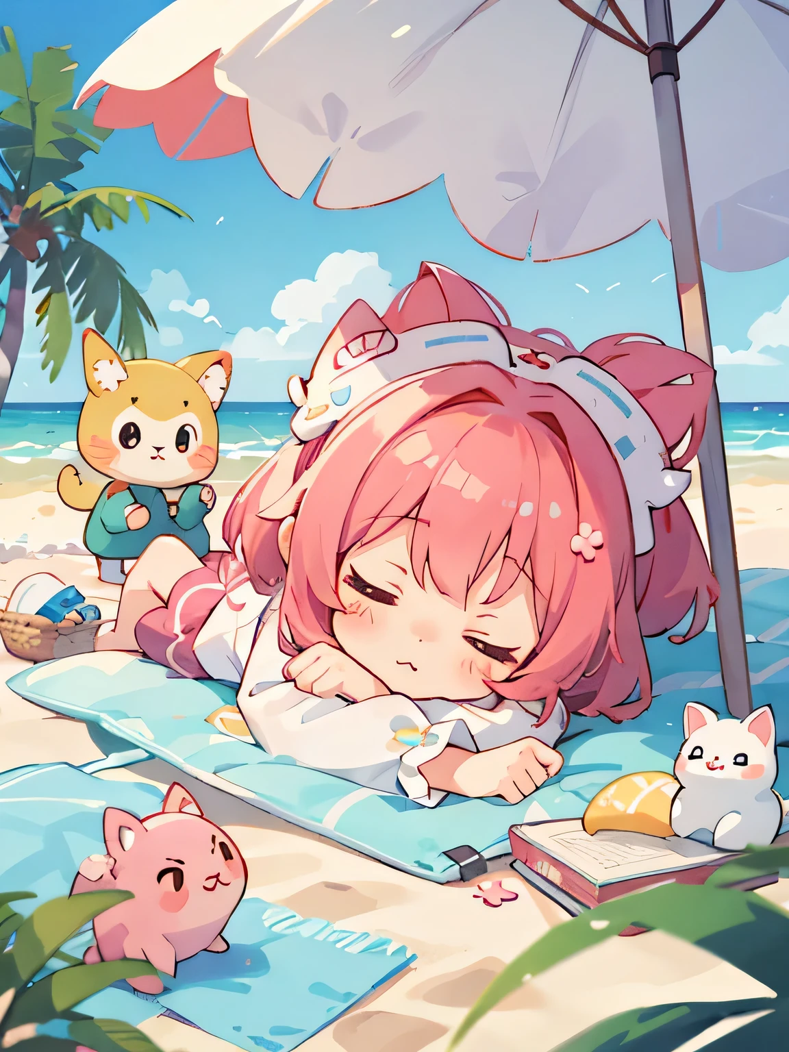 Momoko Sakura style, Kawaii Design, The most beautiful girl of all time、Chibi, nap on the beach、Beach parasol,