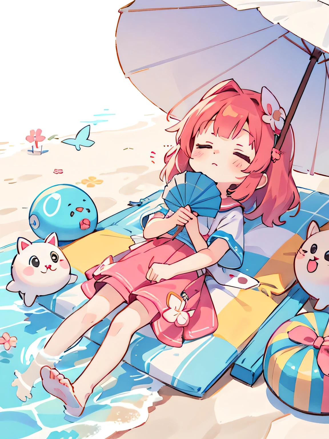 Momoko Sakura style, Kawaii Design, The most beautiful girl of all time、Chibi, nap on the beach、Beach parasol,