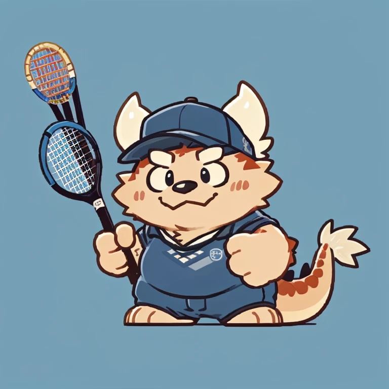 solo, dragon face,Cute face,Humanity(dragon), (cap, Wielding Badminton rackets) ,(Sideways, sidled), Chubby,(white eyebrows:1.1),(perfect black eyes),Simple background, Blue Background,print style。(Artist:Takemoto Arashi)