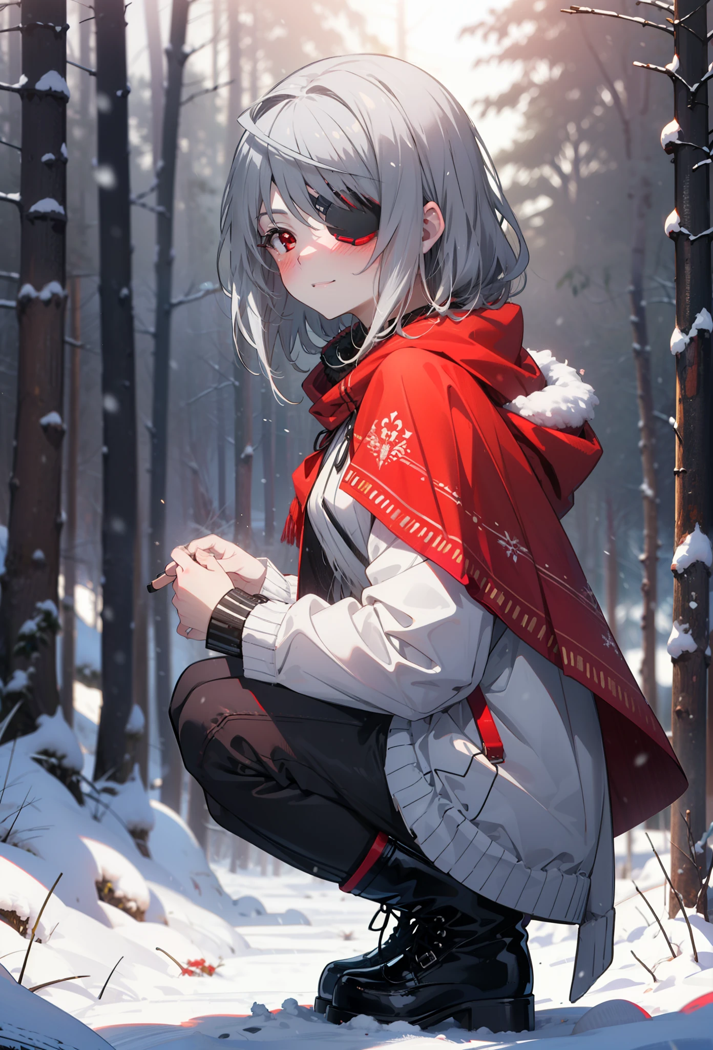 Laurabodewig, Laura Bodewig, Long Hair, (Red eyes:1.3), Grey Hair, Eye patch,smile,smile,blush,White Breath,
Open your mouth,snow,A bonfire on the ground,,Outdoor, boots, snowing, From the side, wood, suitcase, Cape, Blurred, , forest, White handbag, nature, Squat, Mouth closed, Cape, winter, Written boundary depth, Black shoes, red Cape break looking at viewer, Upper Body, whole body, break Outdoor, forest, nature, break (masterpiece:1.2), highest quality, High resolution, unity 8k wallpaper, (shape:0.8), (Beautiful and beautiful eyes:1.6), Highly detailed face, Perfect lighting, Highly detailed CG, (Perfect hands, Perfect Anatomy),