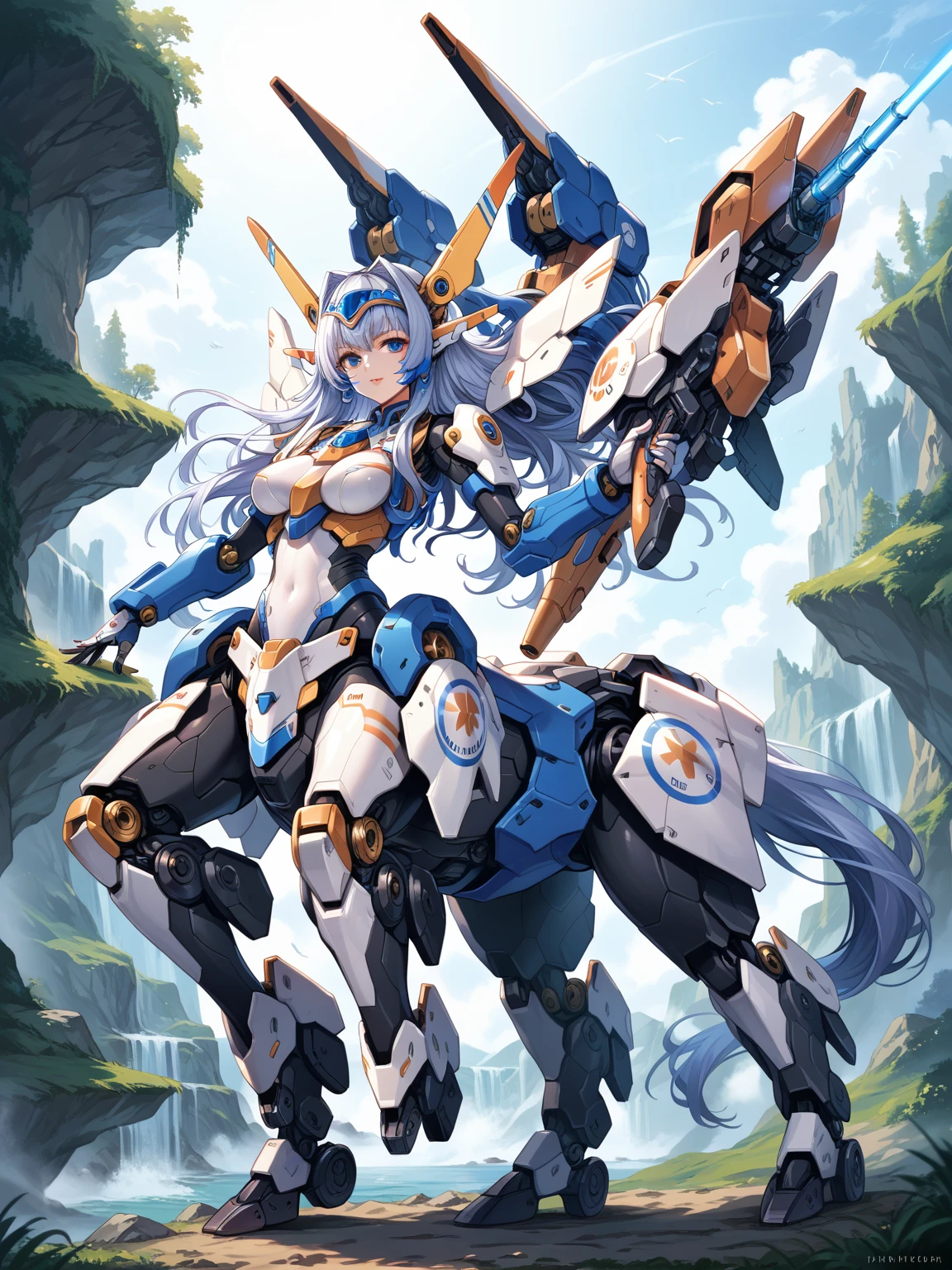 score_9, score_8_up, score_7_up, source_anime,masterpiece, best quality, high resolution, extremely detailed CG, absurdres, highres, ((perfect face, detailed face)), 1girl, solo, A mecha centaur girl, mecha girl, ((white_outfit with blue_praints)), holding weapon, mecha long gun, outdoors, high contrast, ((gloss))