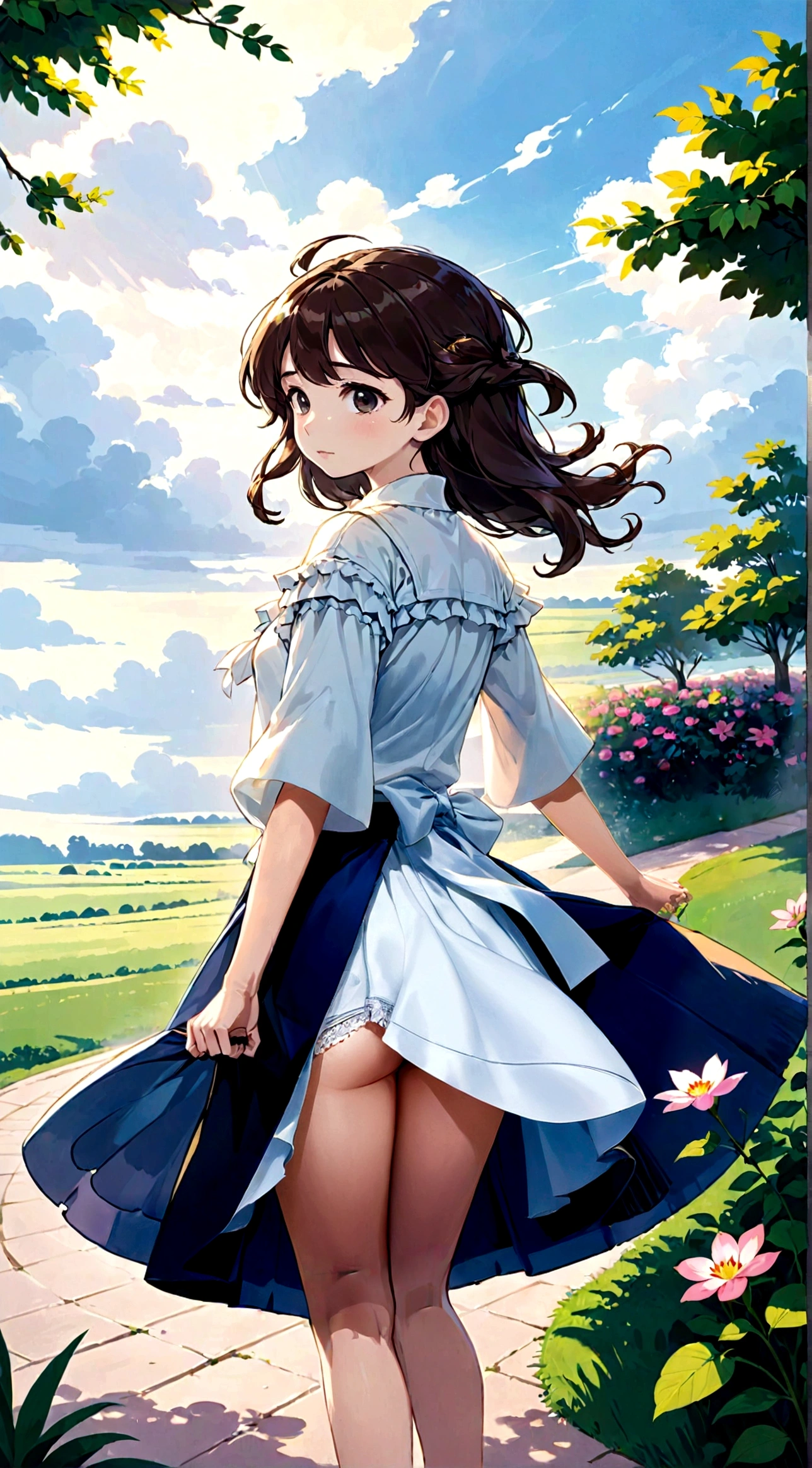 A skirt puffed up by the strong wind、、Skirt that is flipped、Trailing behind、
裏地がI can see it　、White lining、I can see it、Anime White Panties、Crotch is visible


