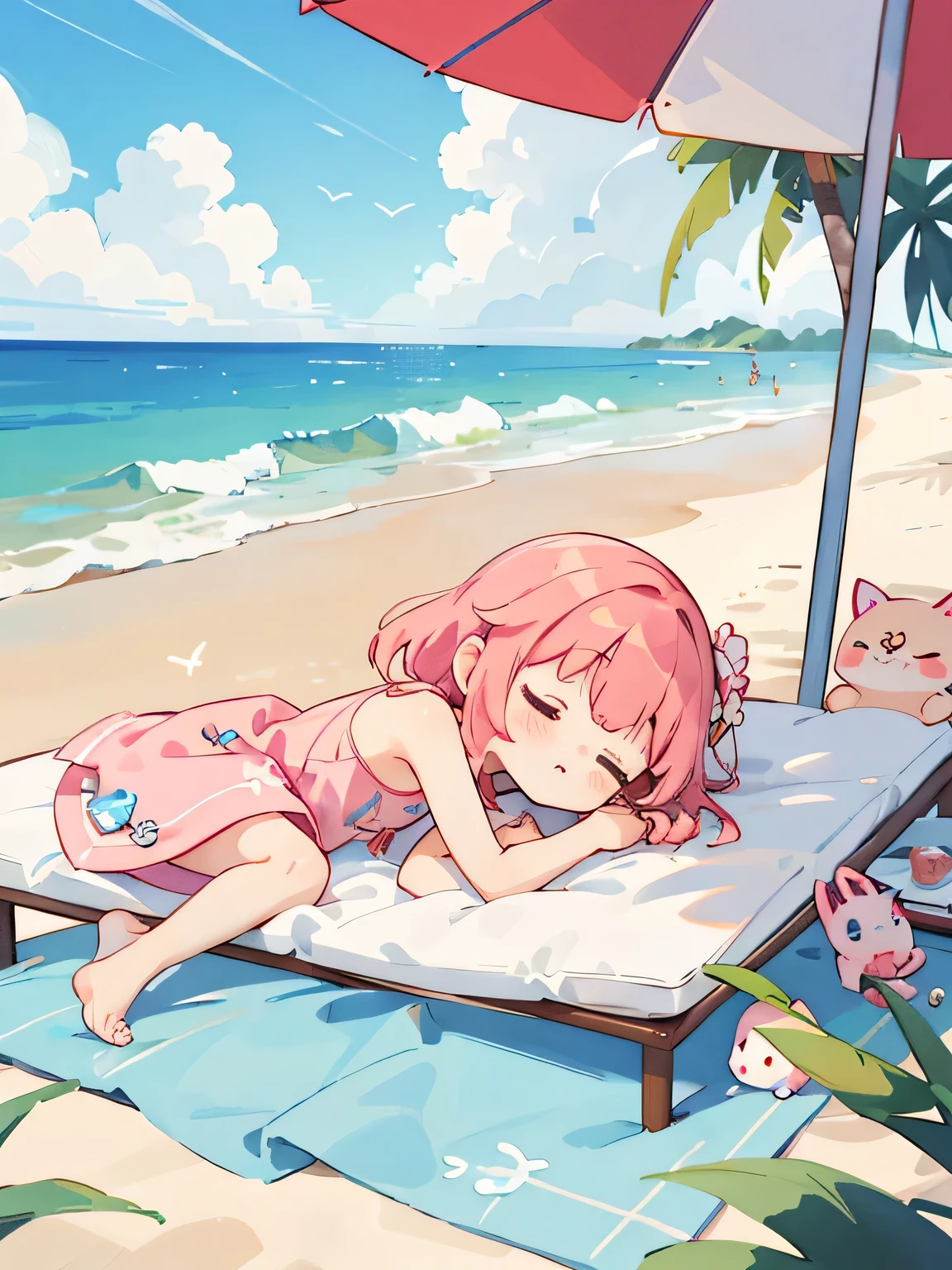 Momoko Sakura style, Kawaii Design, The most beautiful girl of all time、Chibi, nap on the beach、Beach parasol, nudist, summer