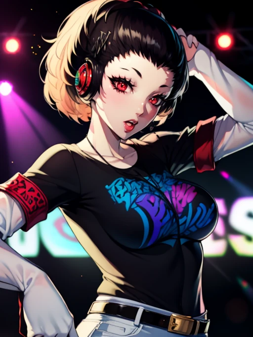 KotoneP3, earrings ,lipstick, eye shadow, makeup, 1girl, solo, black t-shirt, white shirt, blue jeans, belt, lipstick, large breasts, layered sleeves, sexy pose, holding a microphone, singing, stage background, headphones