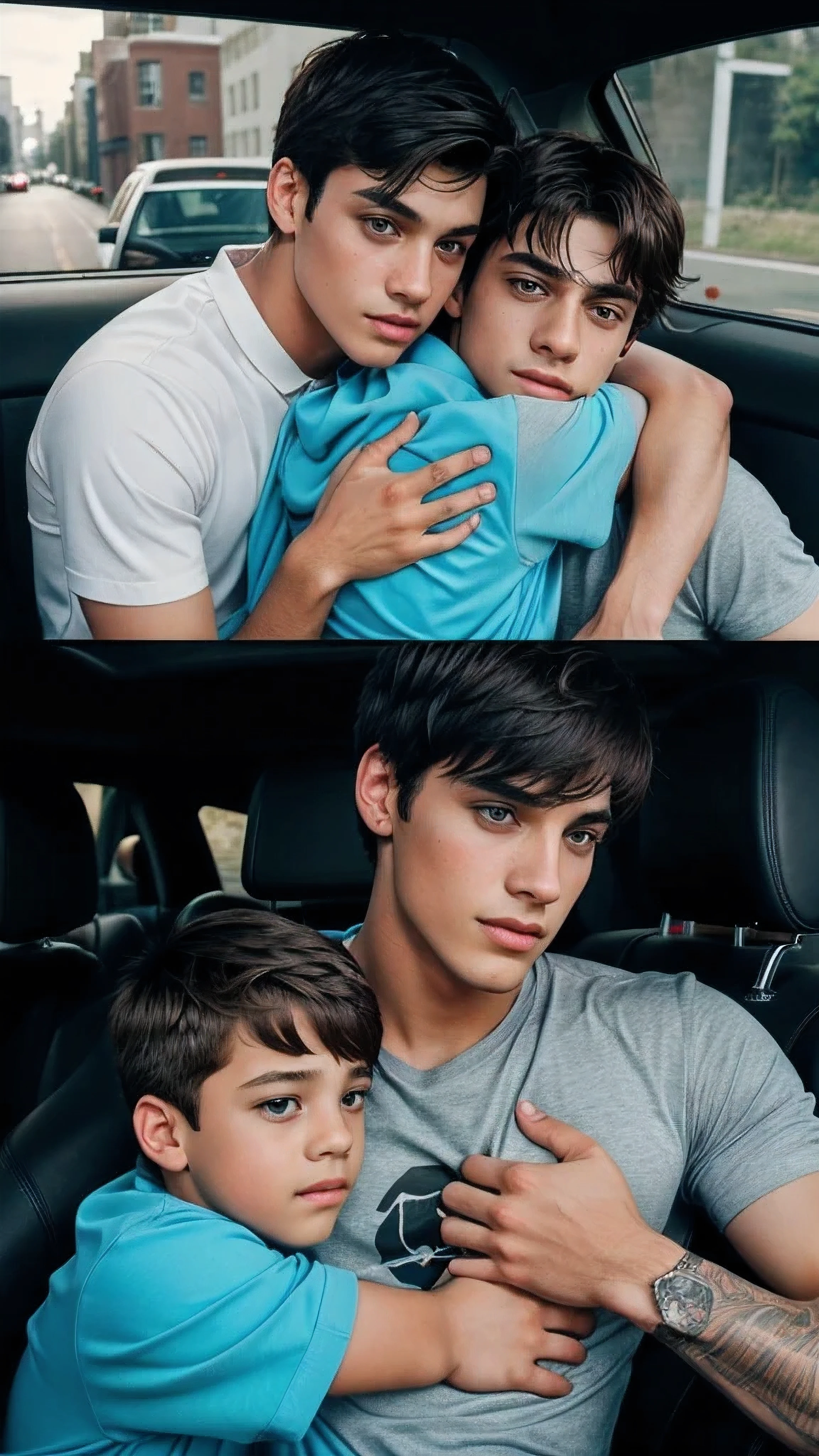 4 handsome boy and a ugly boy in a car on Night than the see the ugly boy is too sacred the the hug him and trying to calm down