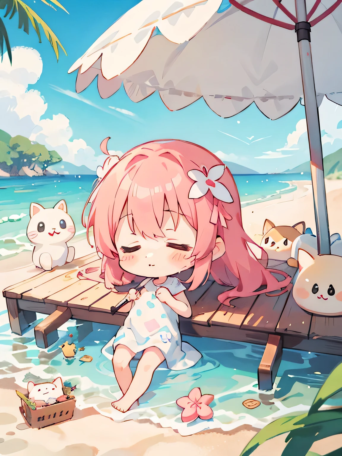 Momoko Sakura style, Kawaii Design, The most beautiful girl of all time、Chibi, nap on the beach、Beach parasol, nudist, summer