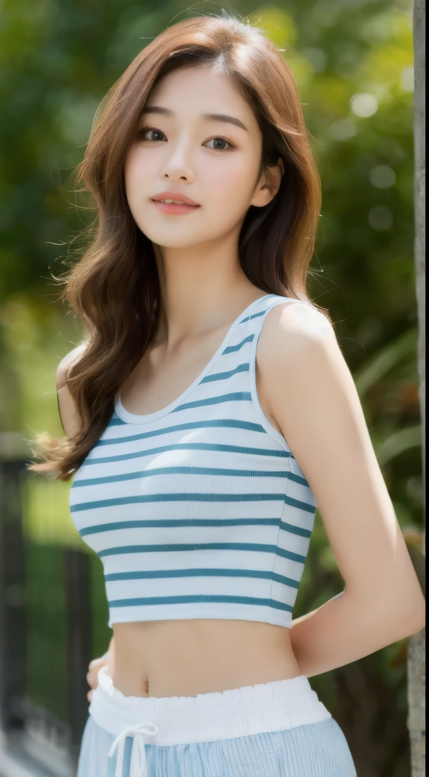 arafed asian woman in striped top and shorts posing for a picture, jaeyeon nam, korean girl, heonhwa choe, gorgeous young korean woman, asian girl, beautiful young korean woman, beautiful south korean woman, young asian girl, wearing a sexy cropped top, physical : tinyest midriff ever, lee ji - eun, lee ji-eun