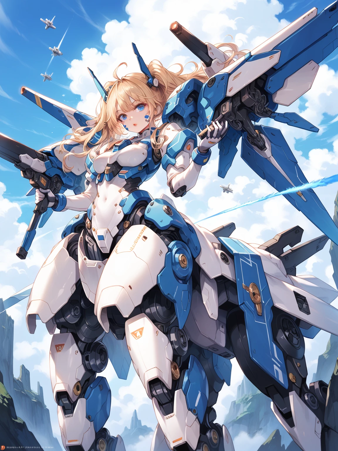 score_9, score_8_up, score_7_up, source_anime,masterpiece, best quality, high resolution, extremely detailed CG, absurdres, highres, ((perfect face, detailed face)), 1girl, solo, A mecha centaur girl, mecha girl, ((white_outfit with blue_praints)), holding weapon, mecha long gun, outdoors, high contrast, ((gloss))