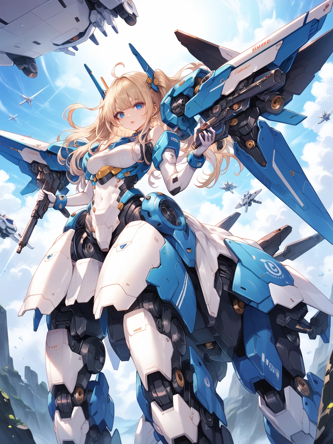 score_9, score_8_up, score_7_up, source_anime,masterpiece, best quality, high resolution, extremely detailed CG, absurdres, highres, ((perfect face, detailed face)), 1girl, solo, A mecha centaur girl, mecha girl, ((white_outfit with blue_praints)), holding weapon, mecha long gun, outdoors, high contrast, ((gloss))