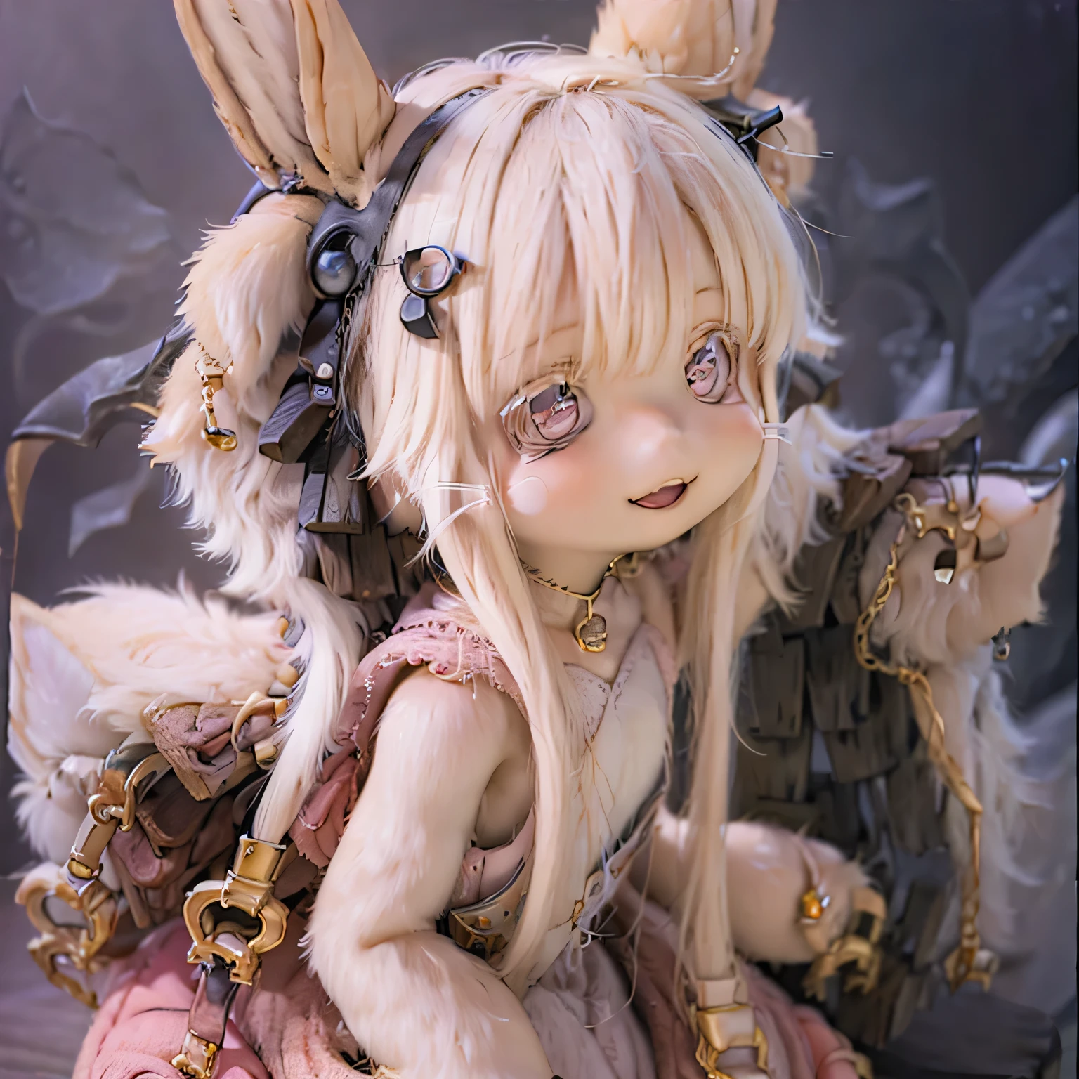 in the garden, Smiling Girl, Similar to Nanachi from Made in Abyss. She is beautiful, Fine eyes and lips. The girl (((Chibi Style,))) . The image quality is excellent, Highly detailed and realistic features. The artwork medium is a combination of illustration and photorealistic rendering.. The colors are vivid、The lighting creates a warm and cheerful atmosphere。Casual full body(((((Cute pink dress)))))