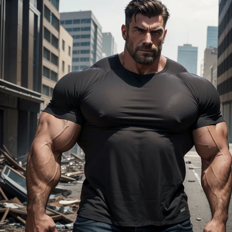 a very handsome, robust, serious, massively muscular adult man, with massively large muscles, with massively large and muscular arms and biceps, with a defined body, wearing a very dirty dark gray shirt, unposed seen from the front, seen from too close in a destroyed city