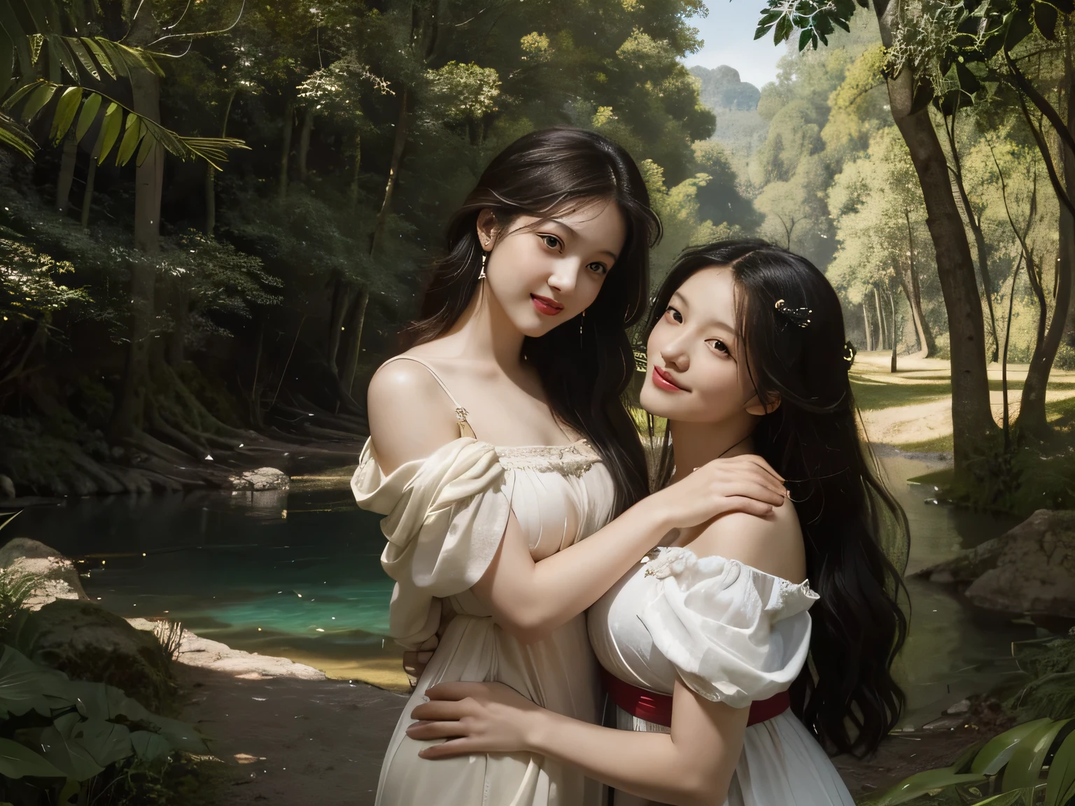 Giorgione painting style,Barbizon forest A beautiful woman in Greek dress smiles on the shore,Sweet and seductive appearance.、Caravaggio's paintings、Chiaroscuro of Caravaggio、hair tousled by the wind,Two women frolicking,cute smile, expression of ecstasy,Sexy,erotic, full body portrait