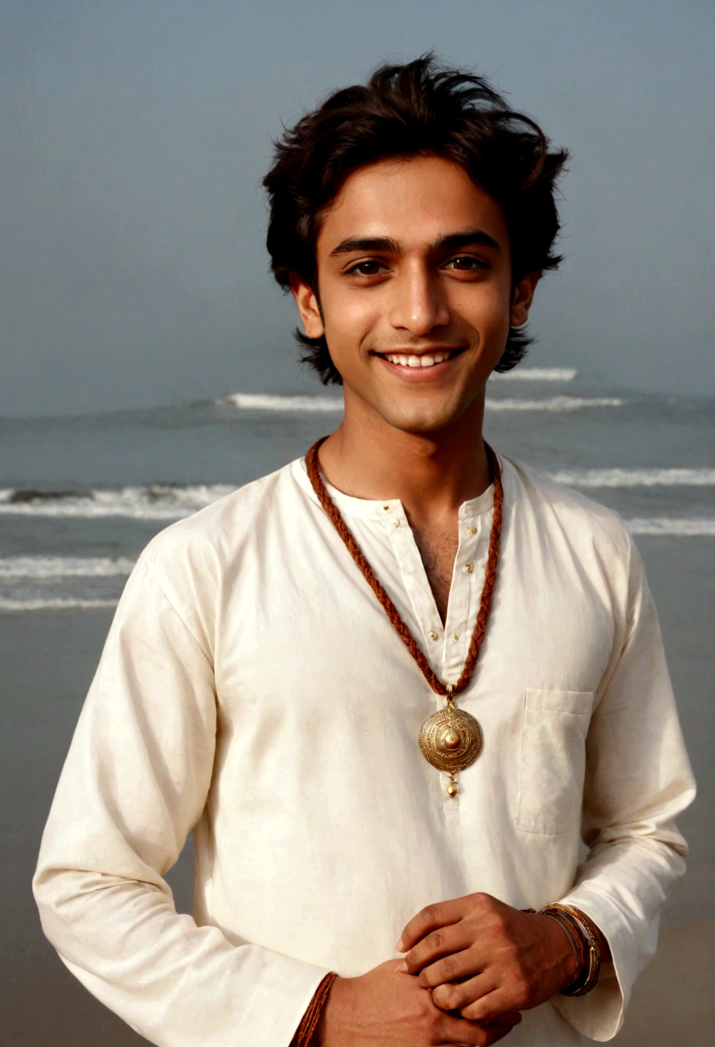 Create a (close_up) portrait image of face  of Faiz_the_Eco-Magician standing at the beach in even lighting no shadows, Faiz is deeply rooted in Lahore's rich environmental and historical heritage. They have a warm, dark-brown skin tone that reflects their Balochi heritage. Their face is round with a big smile, a friendly and inviting expression, large almond-shaped brown eyes that sparkle_with_curiosity_and_kindness, and bushy eyebrows. Faiz's hair is black, cropped very close to skin, with a braid playfully falling across their left shoulder They stand at approximately 5 feet 8 inches tall, with a slightly obese physique, embodying a healthy and approachable presence. Faiz is dressed in traditional Pakistani attire a white dhoti and beige khaddar kurta with an earth theme pendant and bangle. They wear a rust wornout khussa. In one hand, Faiz holds small paper flower.