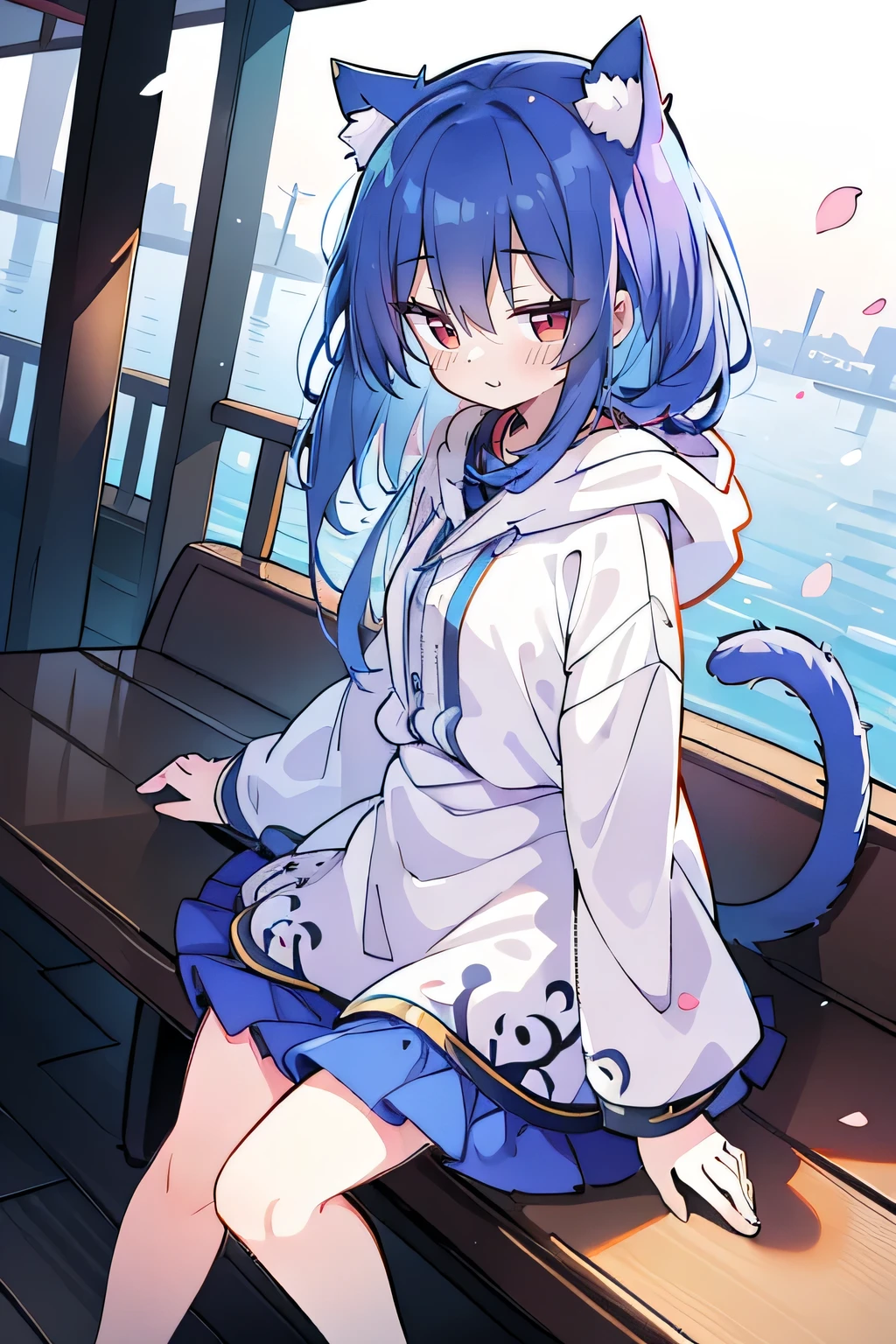 （masterpiece：1.2），Super detailed，lifelike，Expressive eyes，fair skin，perfect face shape，1 girl，
Japanese comics,Gorgeous blue hair,flowing blue hair,flowing clothes,Cat ears,Petals fall,beautiful lola,Baby Angel,sunrise,
Shaking head with one hand，Cross your legs，Gentle and peaceful background，The pavilion is cool and comfortable,smile, wearing hoodie, background of tokyo,back views,snowing, winter，seaside，wet clothes，A smile，A faint smile，。
