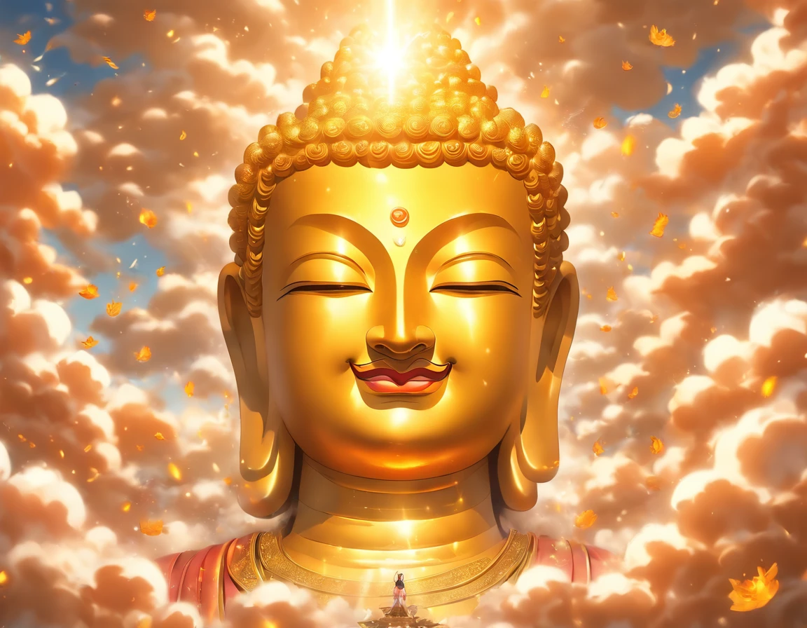 Giant golden Buddha plunges into the clouds，Pilgrims&#39; Path，A light smile,Chinese style，My eyes are open, in the distance, Surrealism, Stereogram, tachi-e, Atmospheric perspective, Hyper Photorealism, Cinema Lighting, Divine Light, Super detailed, Accurate, highest quality, masterpiece, 16k, Attention to detail, High resolution, Awards, Super detailed, Anatomically correct,Facing forward